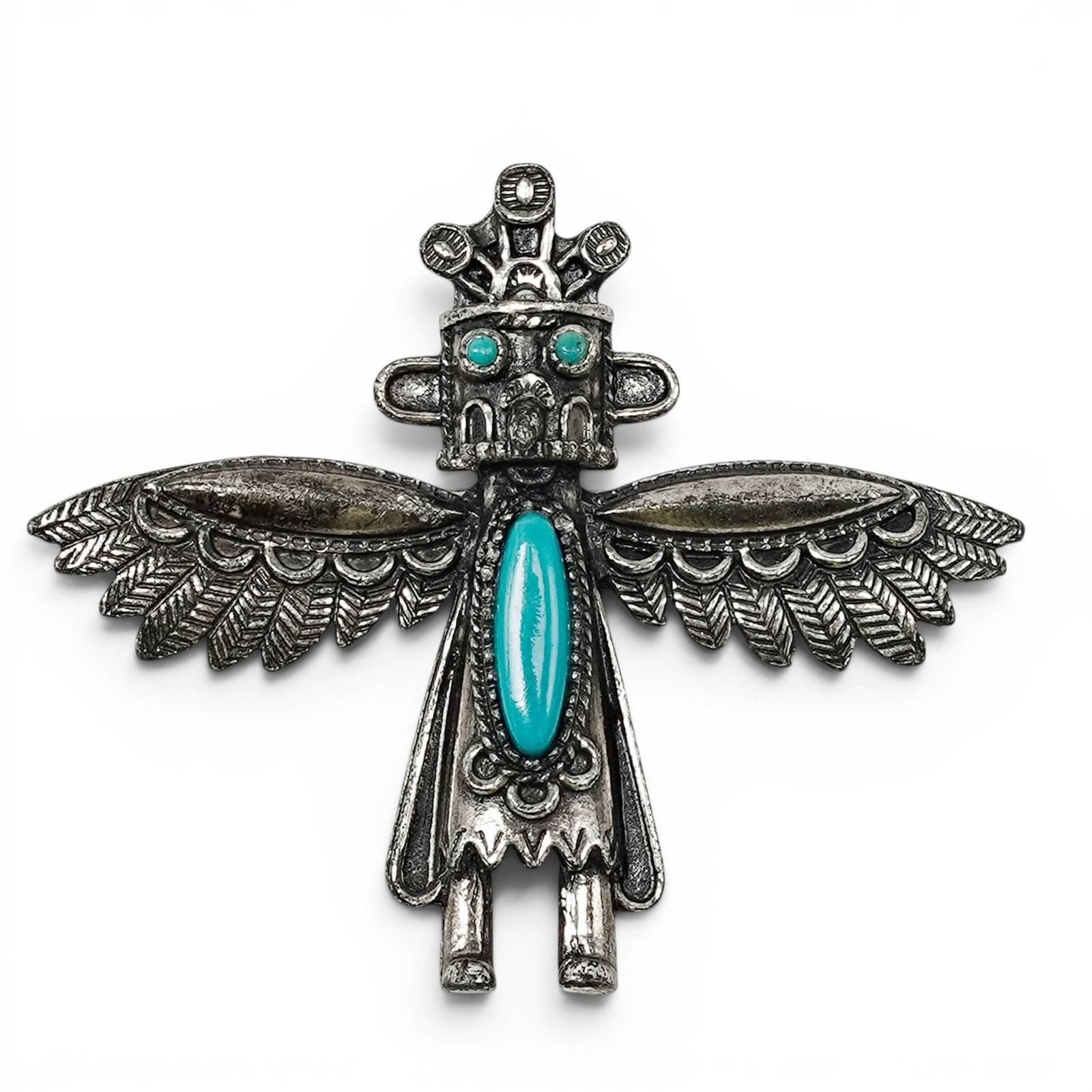 A Sancrest Sterling Silver And Turquoise Figural Thunderbird Bolo Tie: A Sancrest sterling silver and turquoise figural thunderbird bolo tie Mid 20th century Stamped: Sancrest / R. Tested sterling silver. A figural thunderbird-form bolo slide with outstretched wings, set