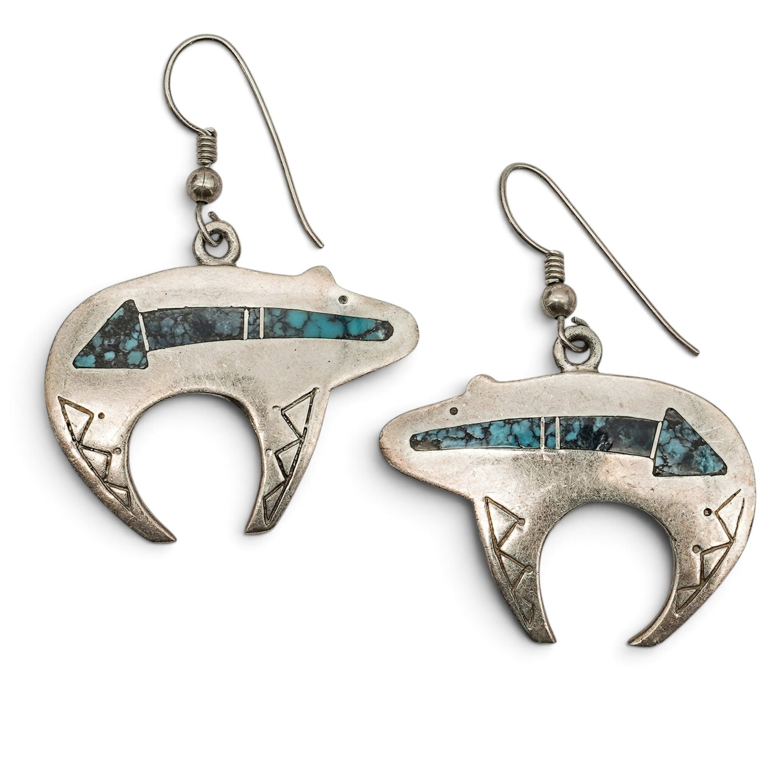 A Pair Of Ray Tracey Knifewing Navajo Sterling Silver And Turquoise Bear Dangle Earrings (1 of 3)