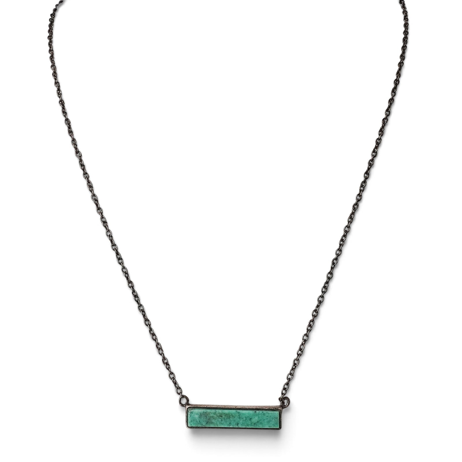 A Pura Vida Silver And Turquoise Bar Pendant Necklace: A Pura Vida silver and turquoise bar pendant necklace 21st century Stamped: Pura Vida. Tested sterling silver. A fine chain necklace suspending a horizontal rectangular turquoise bar pendant in a simp