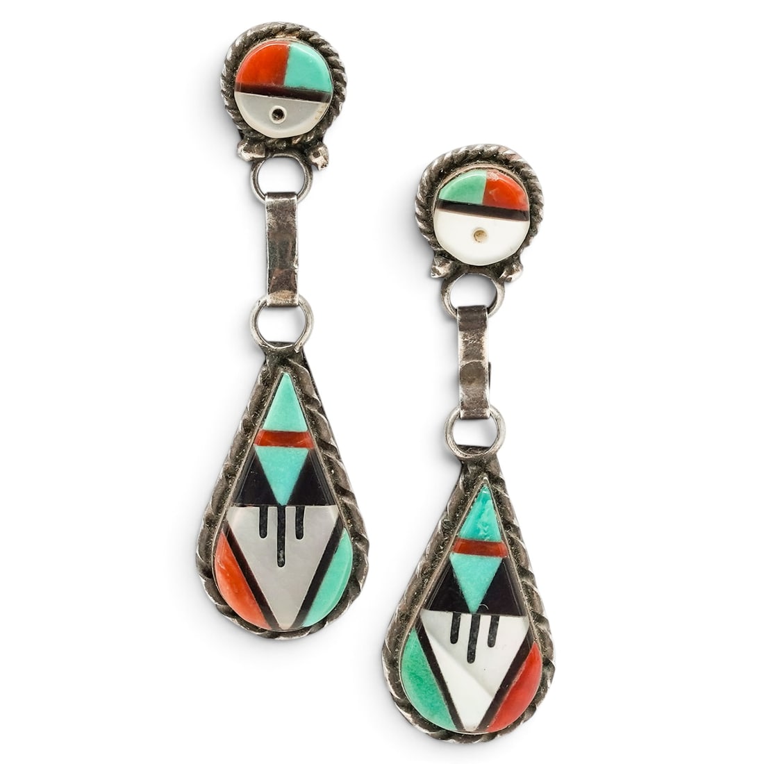 A Pair Of Zuni Pueblo Sterling Silver Multistone Inlay Drop Earrings: A pair of Zuni Pueblo sterling silver multistone inlay drop earrings Late 20th century Unmarked Tests for sterling. Each post earring has a round Sunface mosaic inlay surmount suspending a teardrop-fo