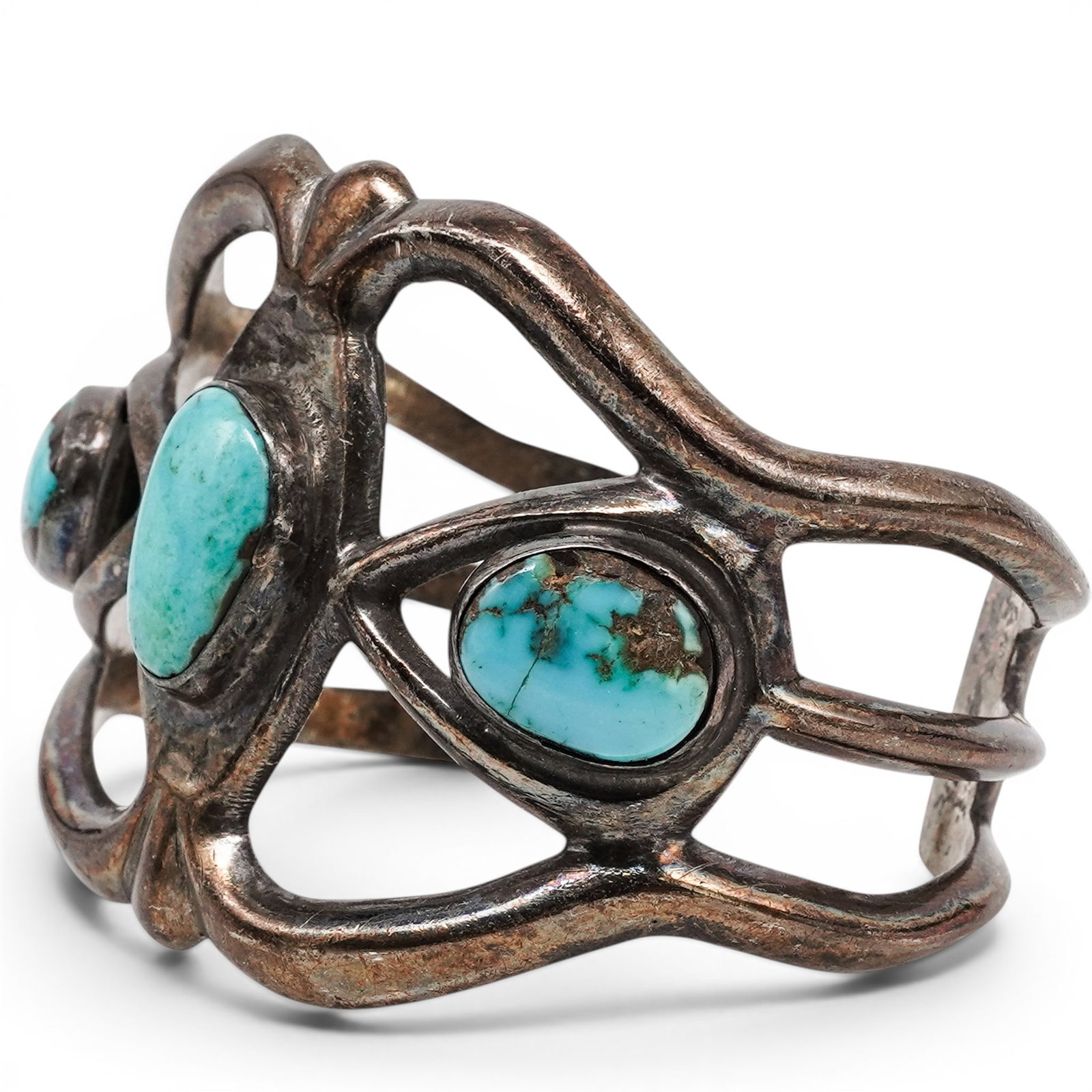 A Navajo Sterling Silver And Turquoise Openwork Three Stone Cuff Bracelet (1 of 5)