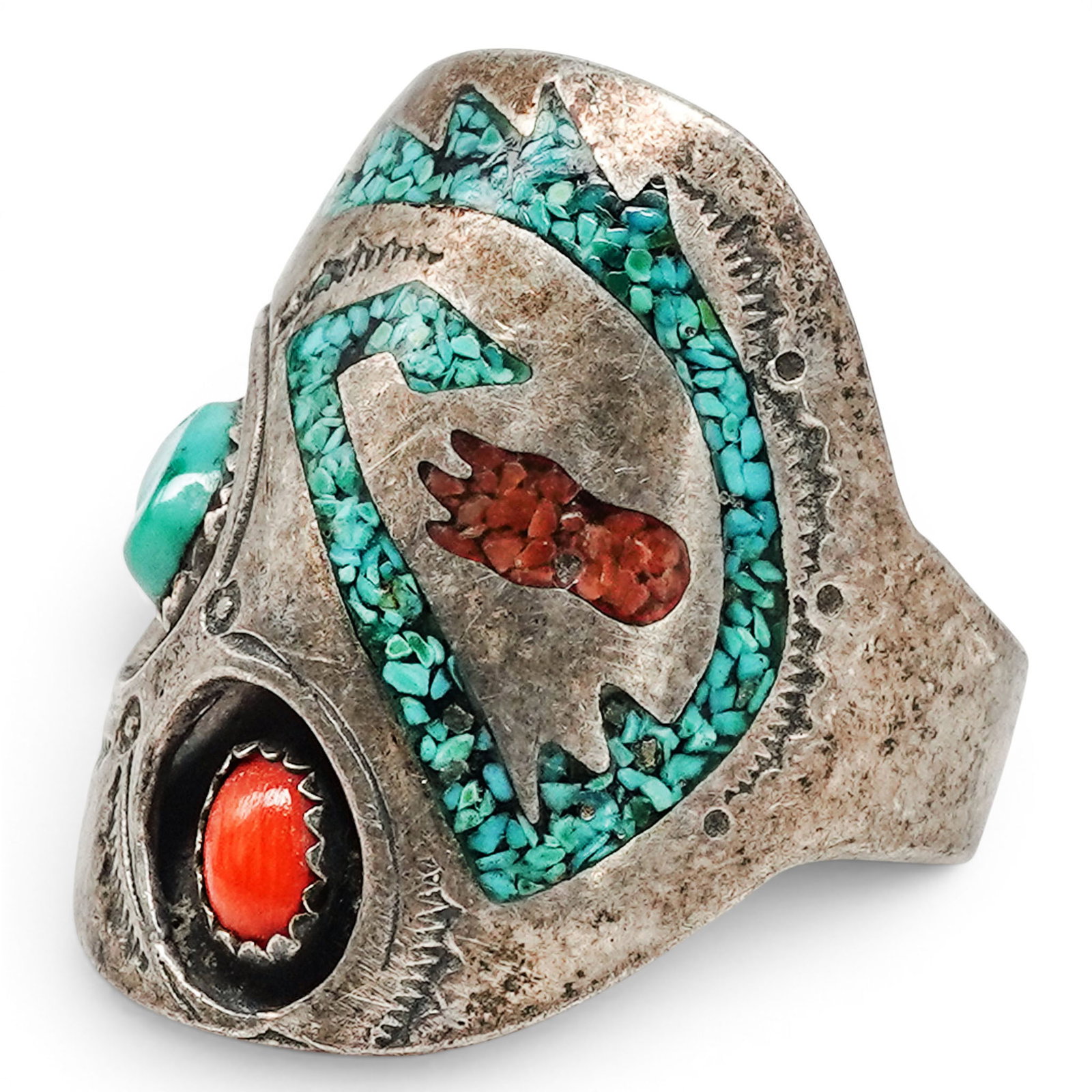 A Sarah Curley Navajo Sterling Silver, Turquoise, Coral, And Mosaic Inlay Ring: A Sarah Curley Navajo sterling silver, turquoise, coral, and mosaic inlay ring Late 20th century Stamped: S.C. / Sterling. A large shield-form ring set with turquoise and coral cabochons, accented wit