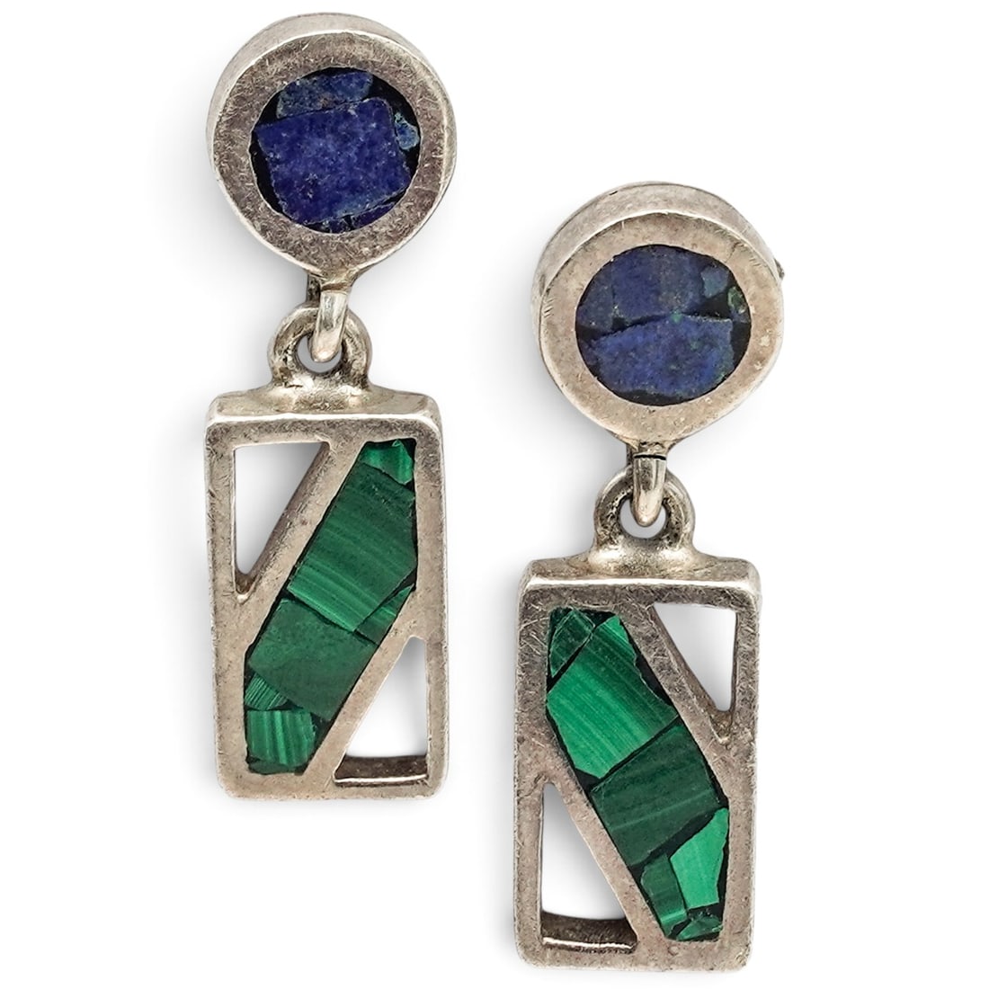 A Pair Of Mexican Sterling Silver, Lapis Lazuli, And Malachite Drop Earrings: A pair of Mexican sterling silver, lapis lazuli, and malachite drop earrings Late 20th century Stamped: Mexico / 950 / TM-312 Each with an oval lapis lazuli cabochon surmount suspending a geometric ma