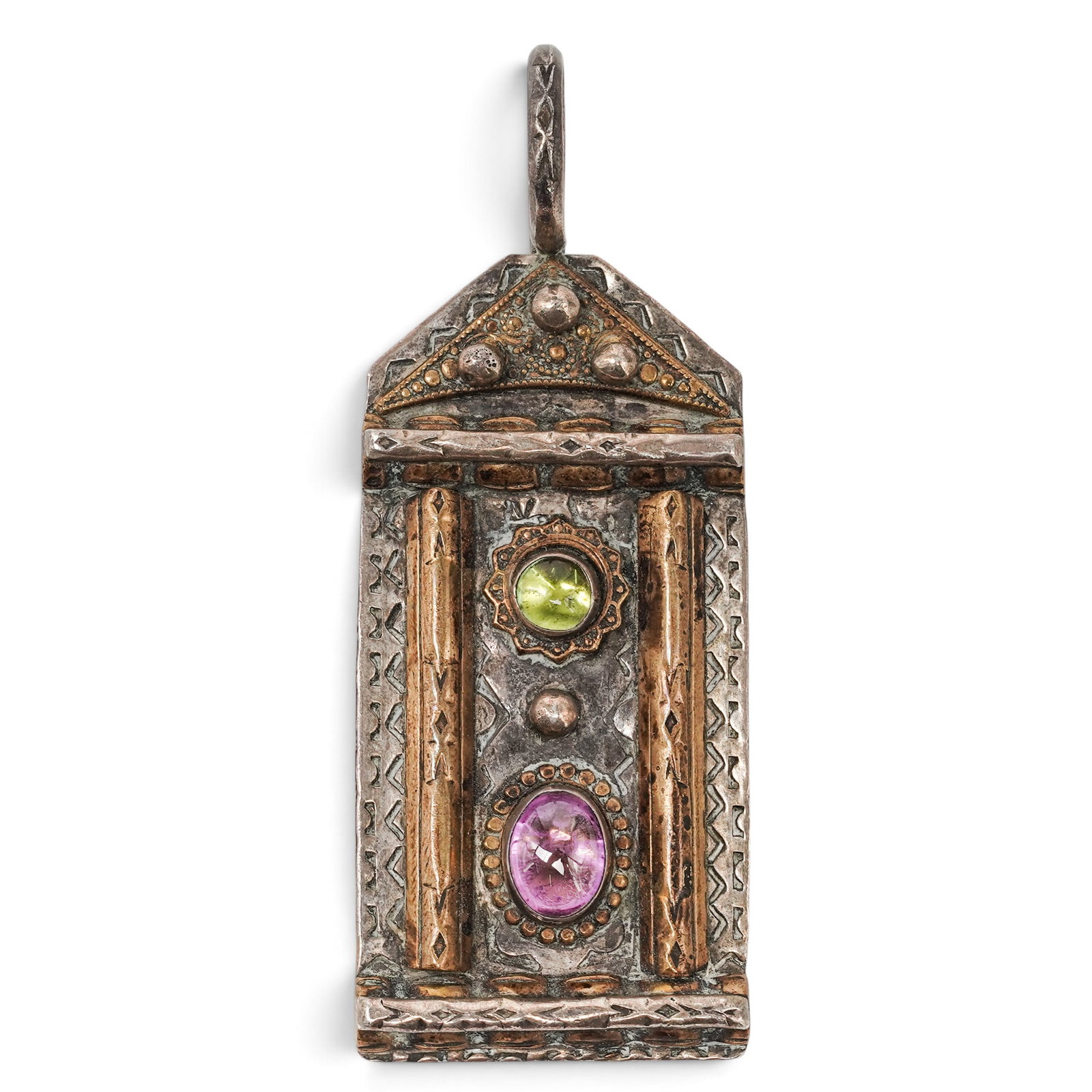 A Das Lanzillotti Sterling Silver And Multi-stone Pendant: A Das Lanzillotti sterling silver and multi-stone pendant Late 20th Century Stamped: D.L / Sterling A rectangular pendant of mixed metal construction with applied brass and copper elements, bead accen
