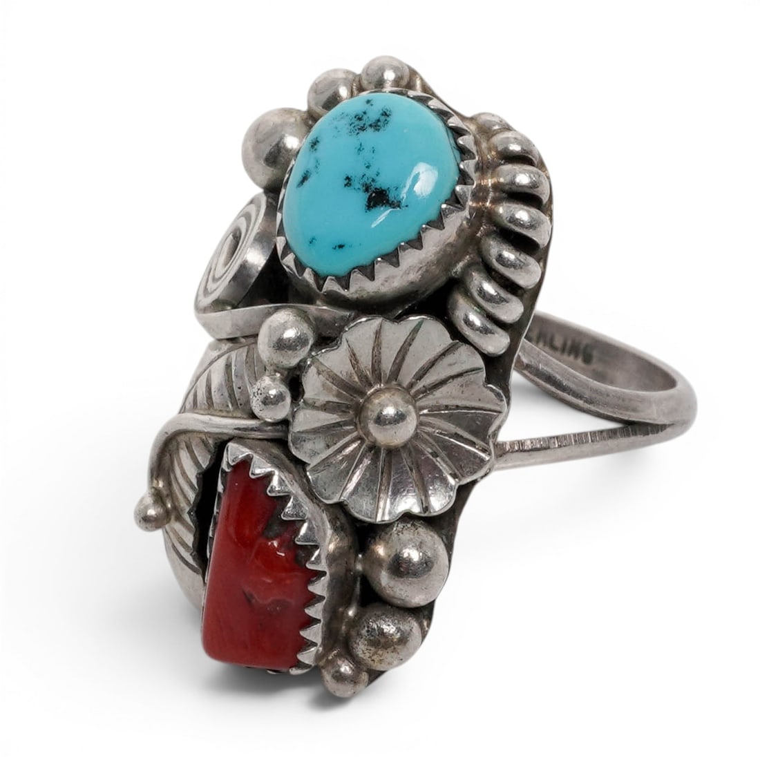 A Navajo Sterling Silver, Turquoise, And Coral Floral Ring (1 of 11)