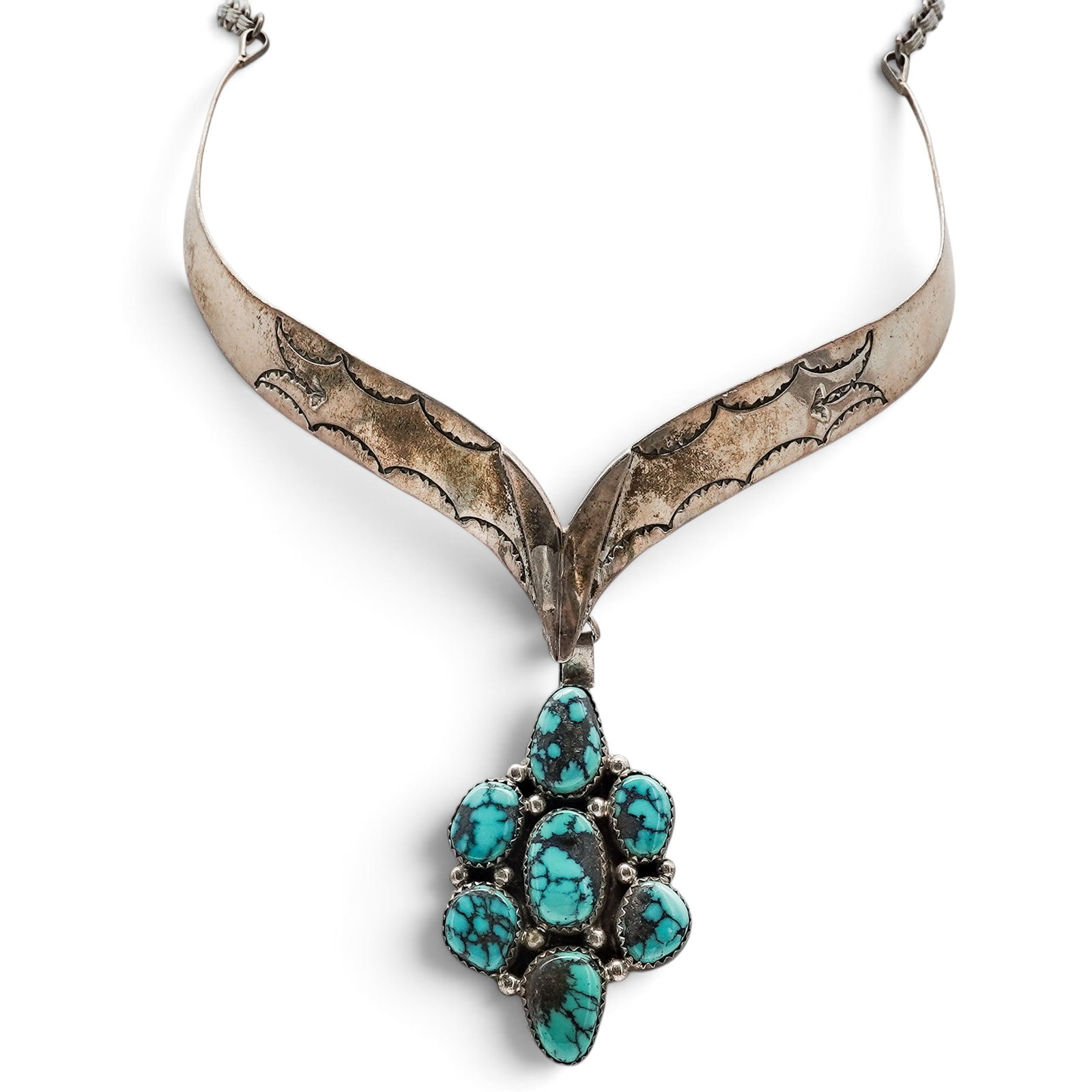 A Navajo Sterling Silver And Turquoise Cluster Pendant Necklace (1 of 8)