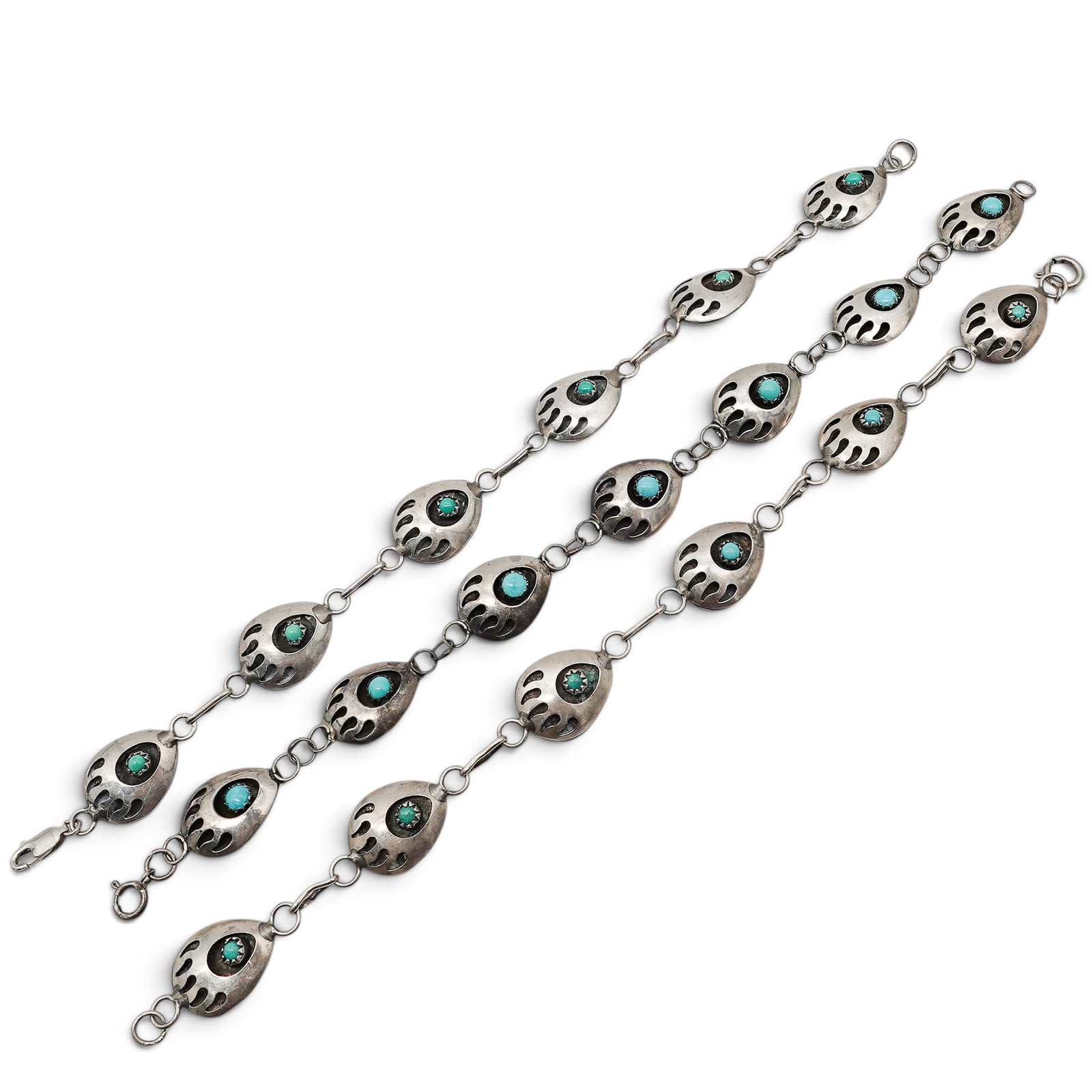 (3 Pcs) A Group Of Three Navajo Silver And Turquoise Bear Paw Link Bracelets (1 of 6)