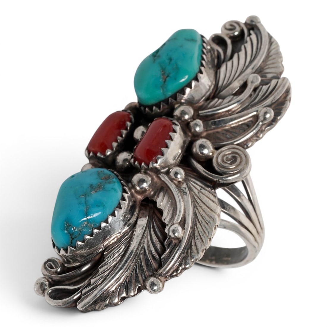 A Navajo Sterling Silver, Turquoise, And Coral Foliate Ring (1 of 8)