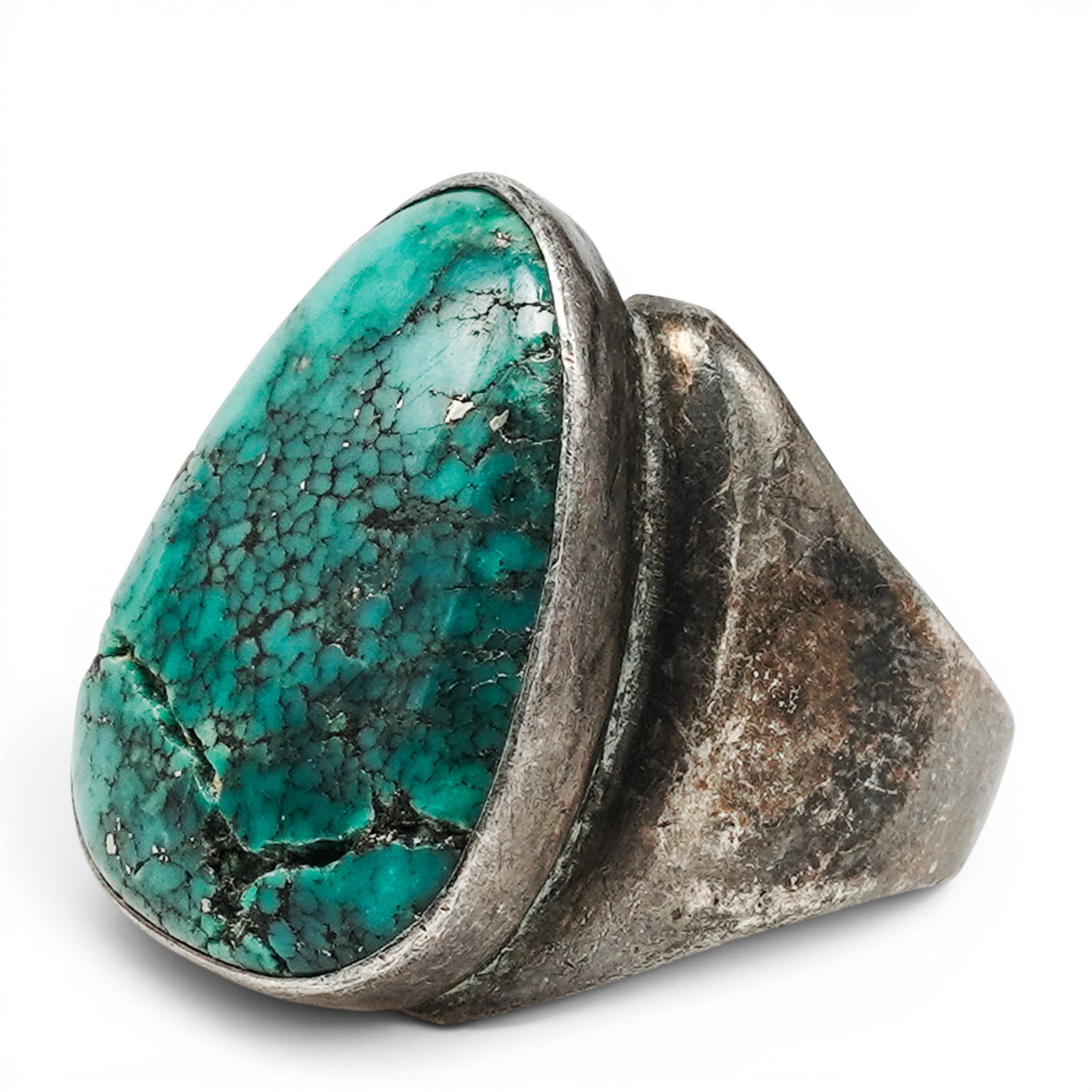 A Robert Bradberry Sterling Silver And Turquoise Ring: A Robert Bradberry sterling silver and turquoise ring Late 20th century Stamped: Bisbee Bob. Tested sterling silver. A substantial ring set with a large freeform turquoise cabochon in a heavy bezel