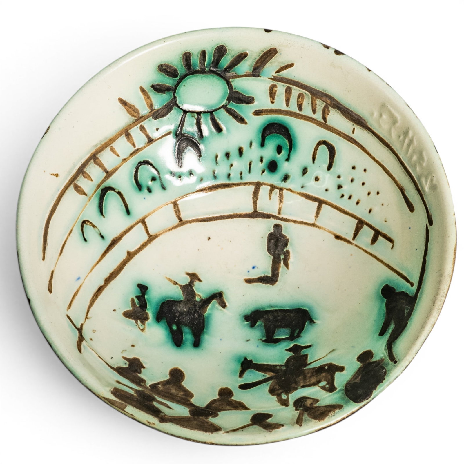 Pablo Picasso (1881 - 1973) "Scene De Tauromache" Bowl: Pablo Picasso (1881 - 1973) "Scene De Tauromache" Bowl 1950s, Spain PABLO PICASSO 1881 - 1973 SCENE DE TAUROMACHIE (A. R. 238) Terre de faience bowl, 1954, from the edition of 100, partially glazed an