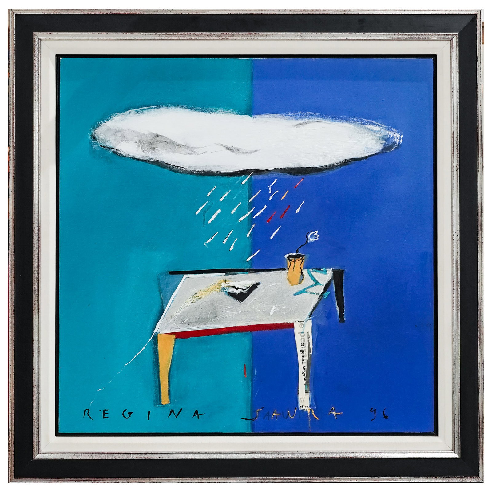 Regina Saura (Spanish, 1955-) "Plou" Mixed Media on Canvas: Regina Saura (Spanish, 1955-) "Plou" Mixed Media on Canvas 1996, Spain A mixed media composition by Catalan artist Regina Saura, "Plou" depicts a solitary table beneath a white cloud, with stylized