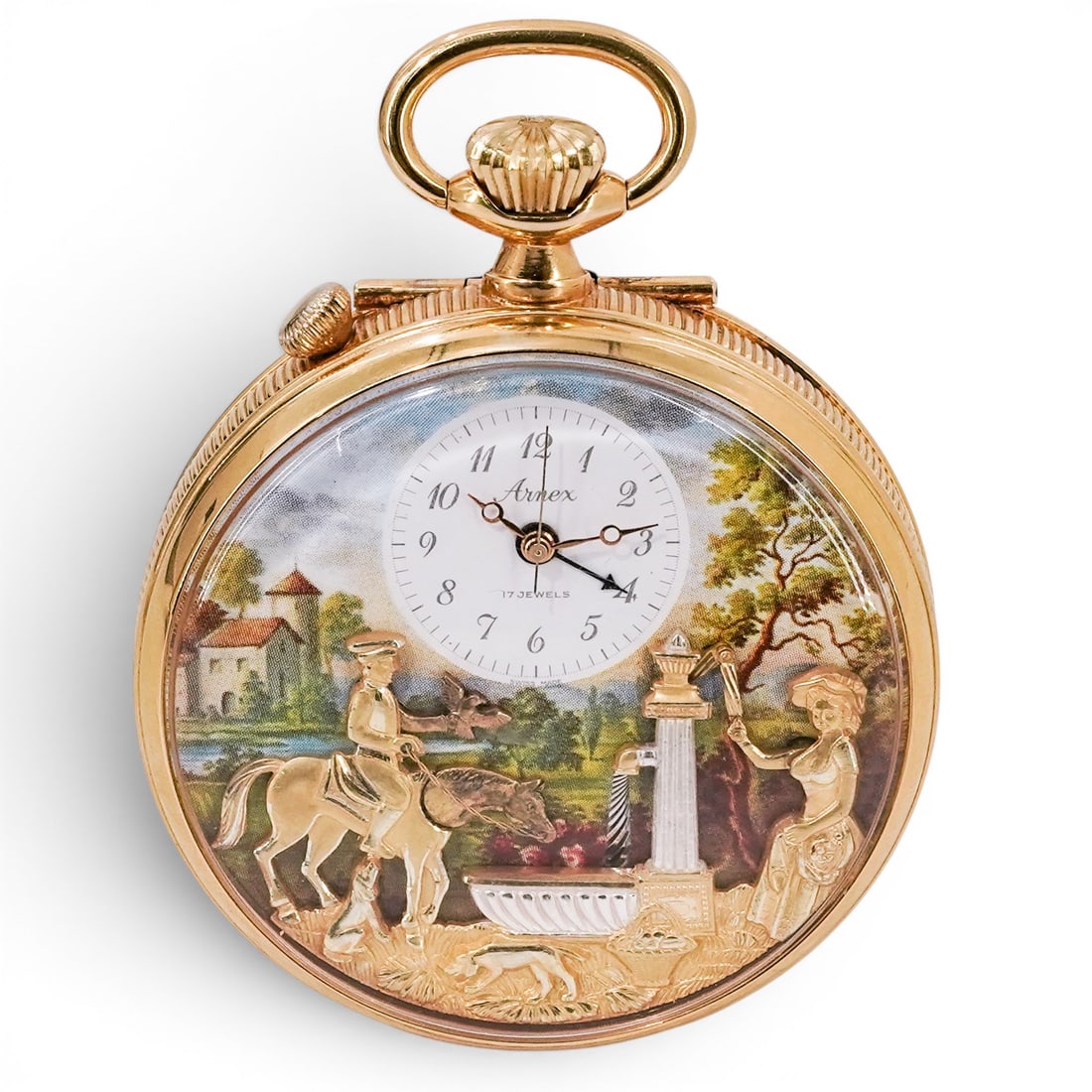 Reuge Arnex 17 Jewel Musical Pocket Watch: Reuge Arnex 17 Jewel Musical Pocket Watch Late 20th Cent, Switzerland Case: gold plated 17 Jewels Dial: numbers/time 34mm, full including background 80mm Condition: working Musical movement Key