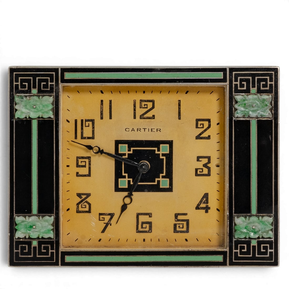 Cartier Art Deco Chinoiserie Enamel and Carved Jade Desk Clock: Cartier Art Deco Chinoiserie Enamel and Carved Jade Desk Clock 1920s-1930s, French Cartier Chinoiserie tabletop desk clock in silver-toned white metal with black and mint green champlevé enamel borde