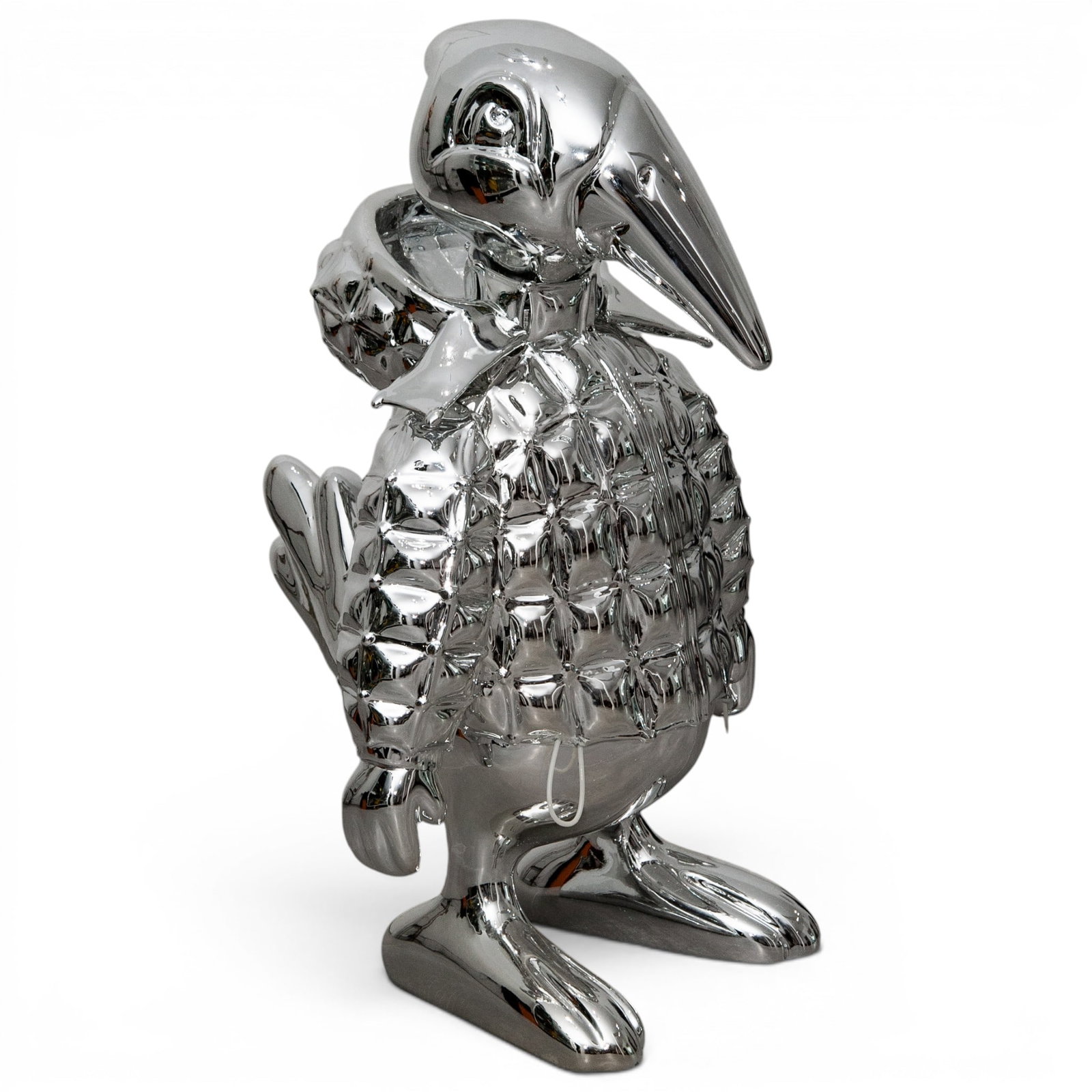 Lifesize Chrome Moncler Monduck Sculpture: Lifesize Chrome Moncler Monduck Sculpture Late 20th-Early 21st Century, France Contemporary chrome-finished sculpture depicting Monduck, the mascot created for Moncler. Rendered in highly reflective m