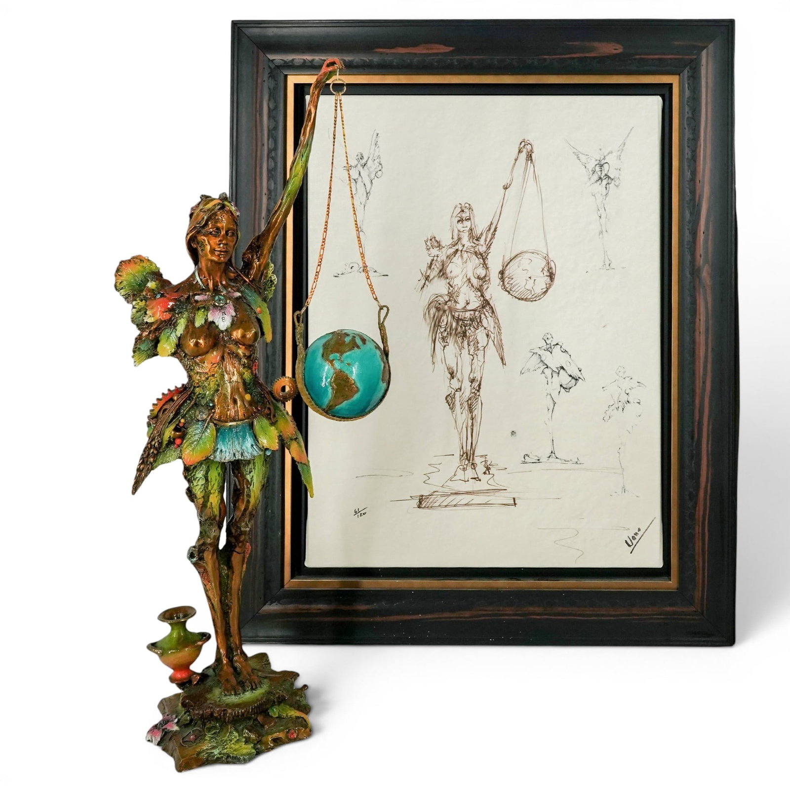 Nano Lopez (Colombian) "Maria Mundo" Bronze Sculpture w/ Sketch: Nano Lopez (Colombian) "Maria Mundo" Bronze Sculpture w/ Sketch 1998, Colombia Nano Lopez features hand-applied polychrome patina, blending organic textures with intricate mechanical gears. The styliz