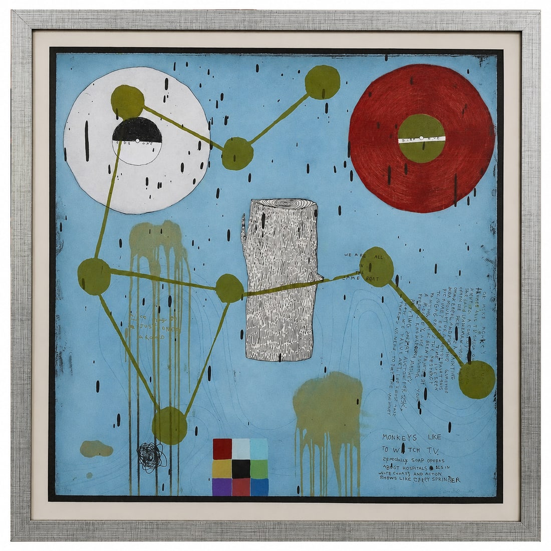Squeak Carnwath (American, 1947-) "Same Boat" Mixed Media on Paper: Squeak Carnwath (American, 1947-) "Same Boat" Mixed Media on Paper 2006, USA A vibrant abstract composition by Squeak Carnwath featuring a pale blue ground populated by geometric and diagrammatic form