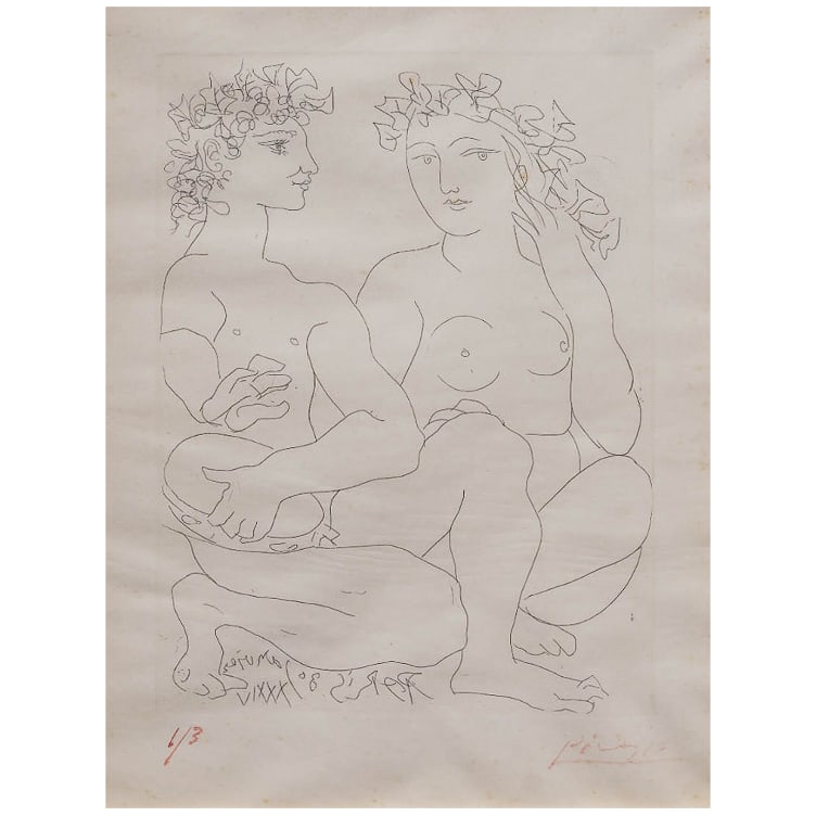 Pablo Picasso (Spaniard, 1881-1973) "Jeune Bacchus Au Tambourin Avec Une Bacchante" Etching On Paper: Pablo Picasso (Spaniard, 1881-1973) "Jeune Bacchus Au Tambourin Avec Une Bacchante" Etching On Paper Early 20th Century, France An early artist's proof etching on vellum paper by Pablo Picasso, titled