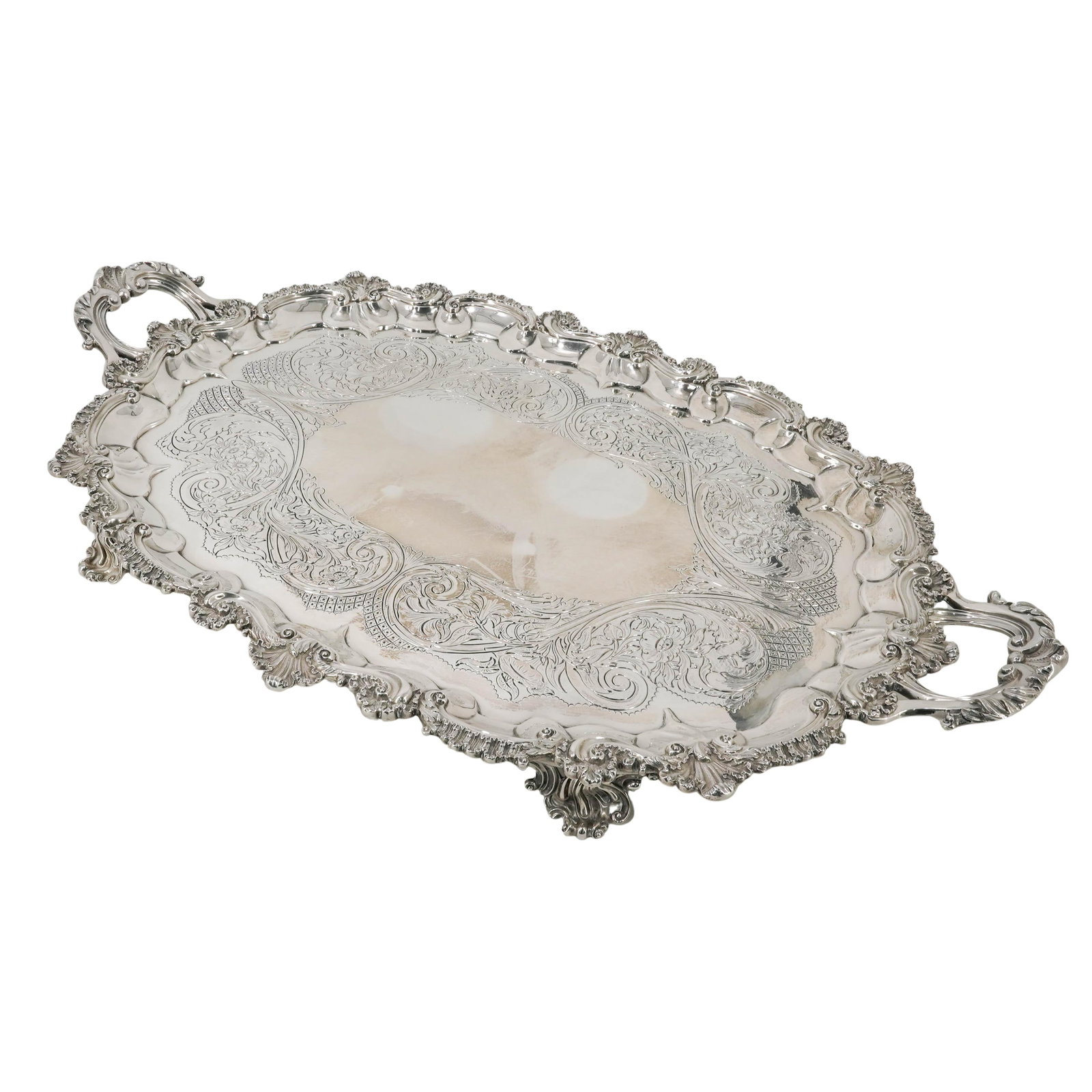 Art Nouveau European Sterling Silver Footed Tray: Art Nouveau European Sterling Silver Footed Tray Mid 19th to early 20th Cent. European This highly ornate, antique European silver tray dates from the mid-19th to early 20th century (circa 1838–1910