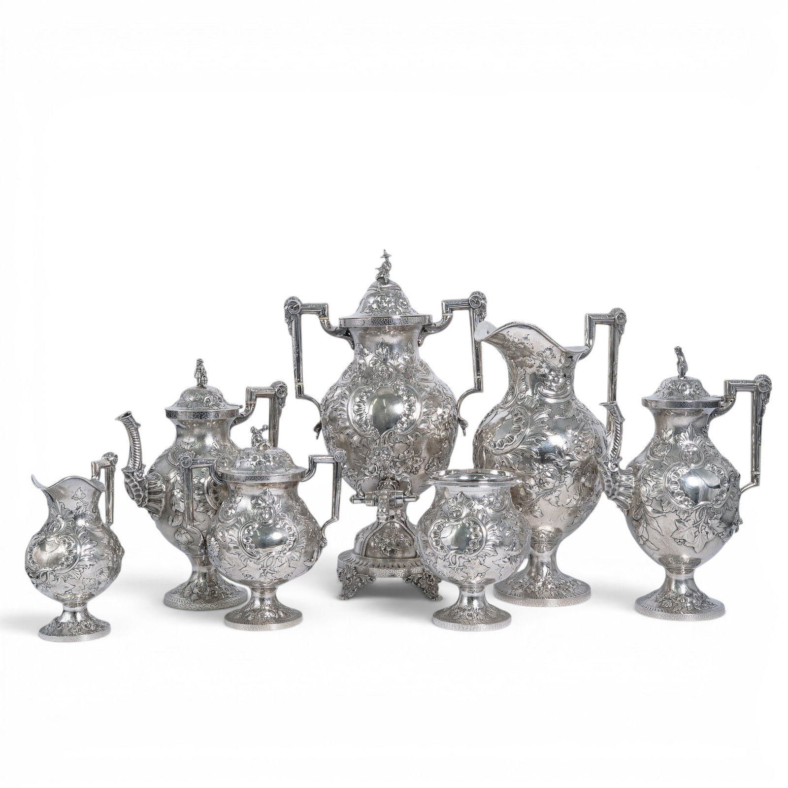 (7 pc) 19th Cent. R & W Wilson Coin Silver Tea Service: (7 pc) 19th Cent. R & W Wilson Coin Silver Tea Service 19th century, American A seven piece coin silver tea service set by Robert & William Wilson. Each piece is marked on bottom "R & W Wilson" and a 