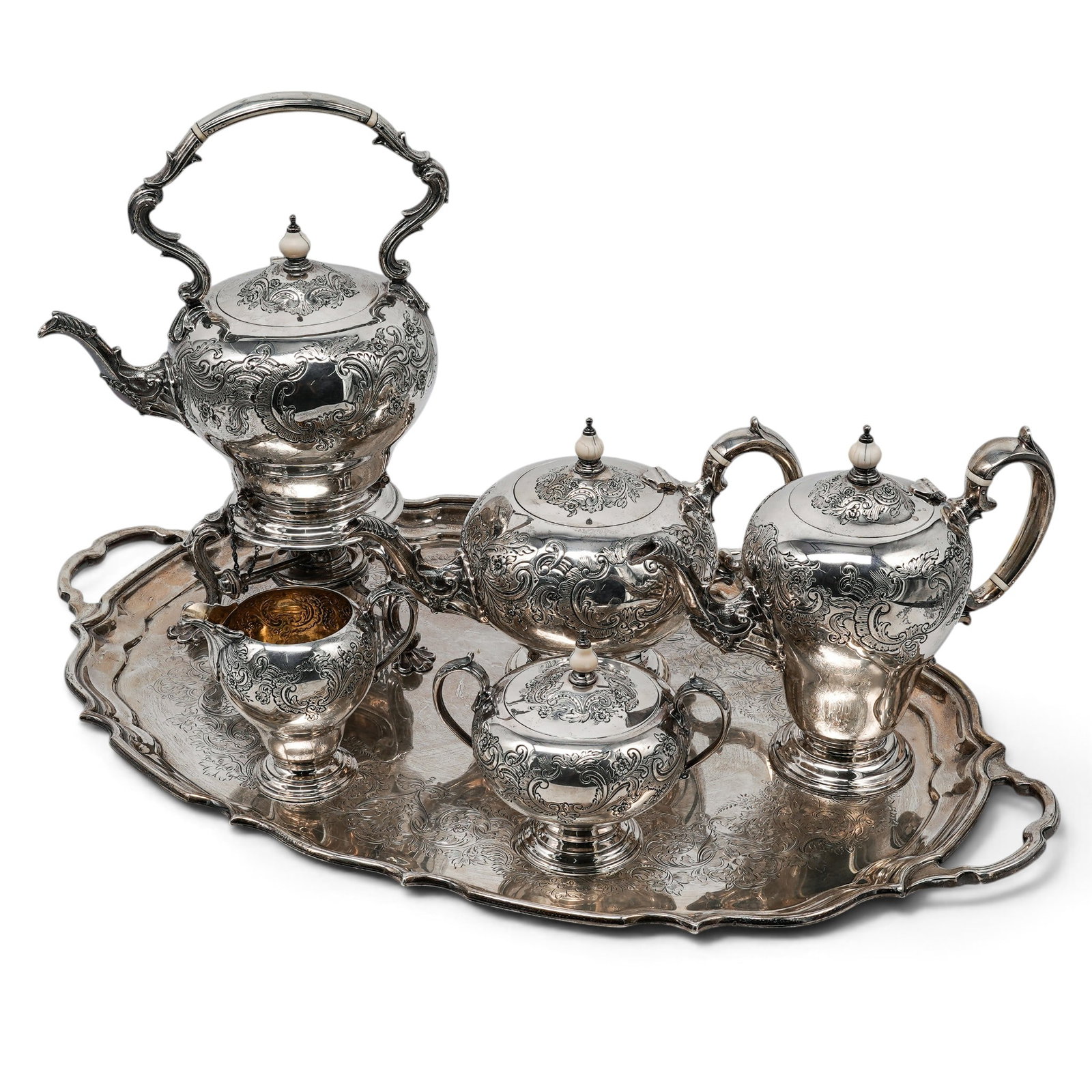 (6 pcs) Goldsmiths & Silversmiths English Sterling Tea Set: (6 pcs) Goldsmiths & Silversmiths English Sterling Tea Set Late 19th-early 20th century, English A six piece English sterling silver tea set by Goldsmiths & Silversmiths Co Ltd. Each piece marked on b