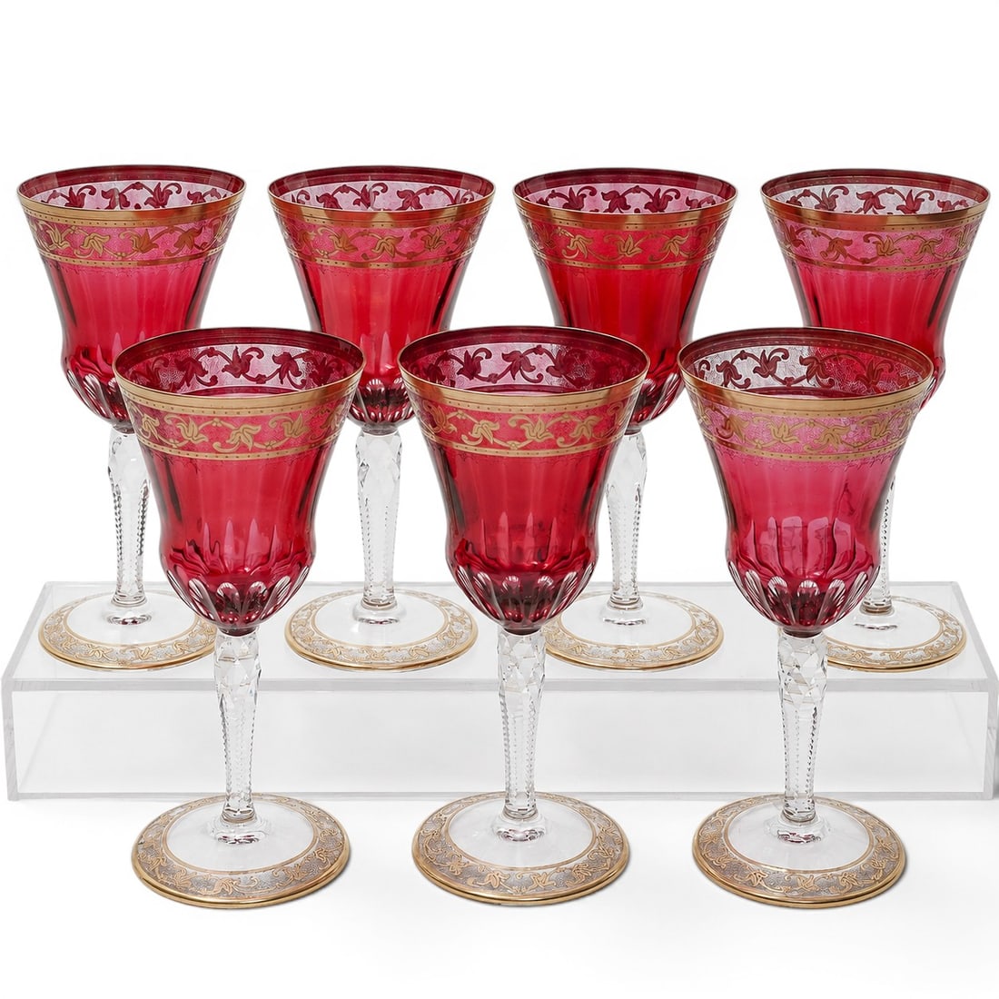 (7 pc) St. Louis "Red Thistle" Crystal Sherry Glasses: (7 pc) St. Louis "Red Thistle" Crystal Sherry Glasses Mid 20th Cent, France et of seven crystal sherry glasses by Cristallerie Saint-Louis in the Thistle Red pattern. Each features a red crystal bowl 