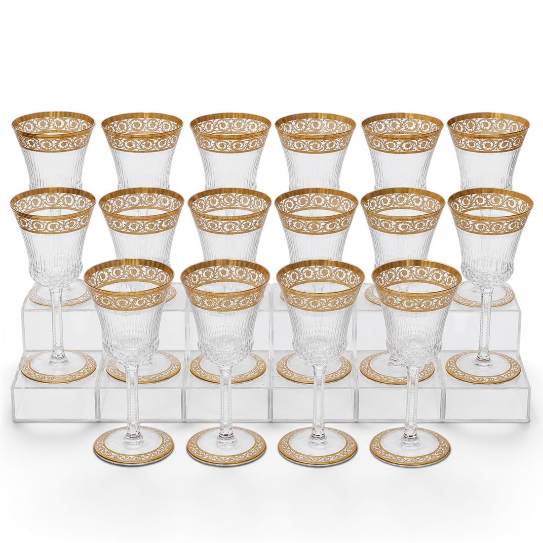 (18pc) St. Louis "Thistle Gold" Crystal Wine Glasses: (18pc) St. Louis "Thistle Gold" Crystal Wine Glasses 20th Cent., French Set of eighteen crystal wine glasses by Cristallerie Saint-Louis in the Thistle Gold pattern. Each features a mouth-blown and ha