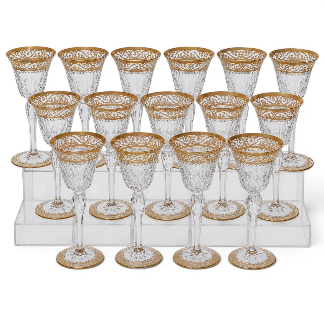 (15pc) St. Louis "Stella Gold" Crystal Wine Glasses: (15pc) St. Louis "Stella Gold" Crystal Wine Glasses 20th Cent.,French Set of fifteen crystal wine glasses by Cristallerie Saint-Louis in the Stella Gold pattern. Each features a clear crystal bowl wit