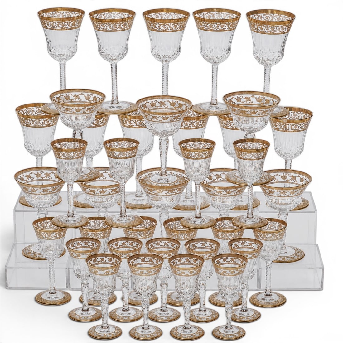 (39pc) St. Louis Gilt Crystal Cordial & Liqueur Glasses: (39pc) St. Louis Gilt Crystal Cordial & Liqueur Glasses 20th Cent., French Saint-Louis French cut crystal cordial/liqueur glasses featuring premium 24-karat gold-gilded accents. Each delicate,