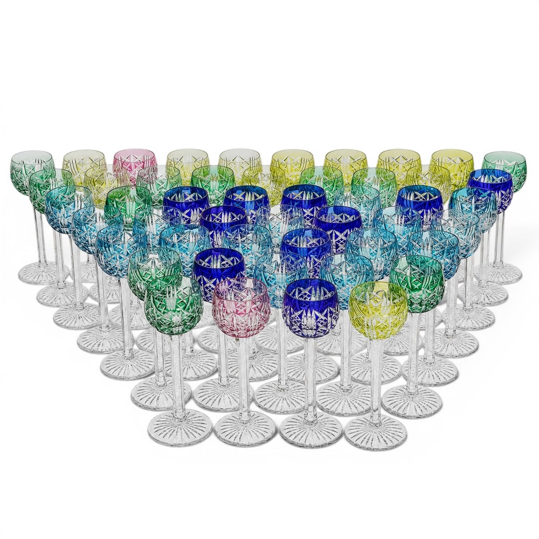 (49pc) St.-Louis "Riesling" Crystal Cordial Glasses: (49pc) St.-Louis "Riesling" Crystal Cordial Glasses 20th Cent., French Multi-colored set of Saint-Louis crystal cordial/liqueur glasses executed in the sought-after "Riesling" pattern. This vibrant
