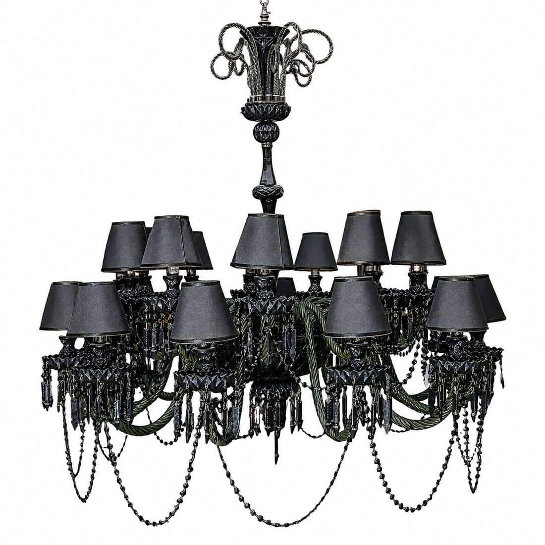 Fendi Casa Black Murano Glass Chandelier: Fendi Casa Black Murano Glass Chandelier 20th century, Italian A large Fendi Casa Italy designer black Murano glass chandelier with 24 lights. Fabric light shades with beaded garland detail. Center