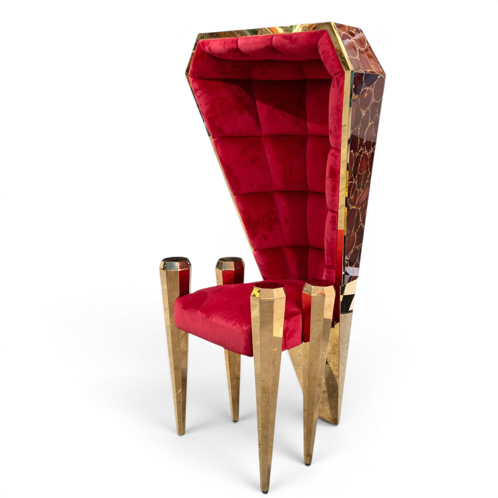 Amro Alakhdar Red Lava Diamond Chair: Amro Alakhdar Red Lava Diamond Chair 21st century Amro Alakhdar "Red Lava" diamond chair constructed from agate and gold leaf. Features gold accenting trim along chair border, legs. Features red