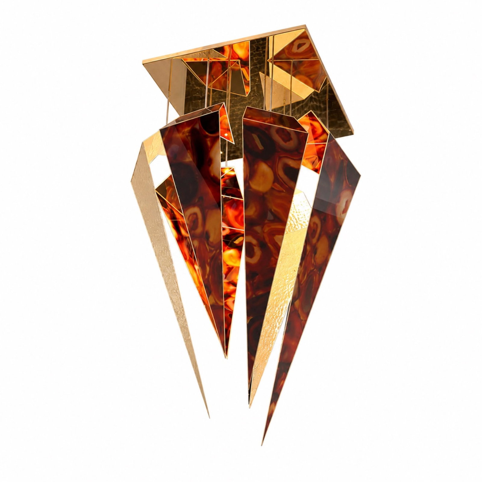 Amro Alakhdar Red Lava Chandelier: Amro Alakhdar Red Lava Chandelier 21st century Amro Alakhdar red agate and gold leaf chandelier from the "Red Lava" collection. Features a gold tone metal base and accents. For more information on the