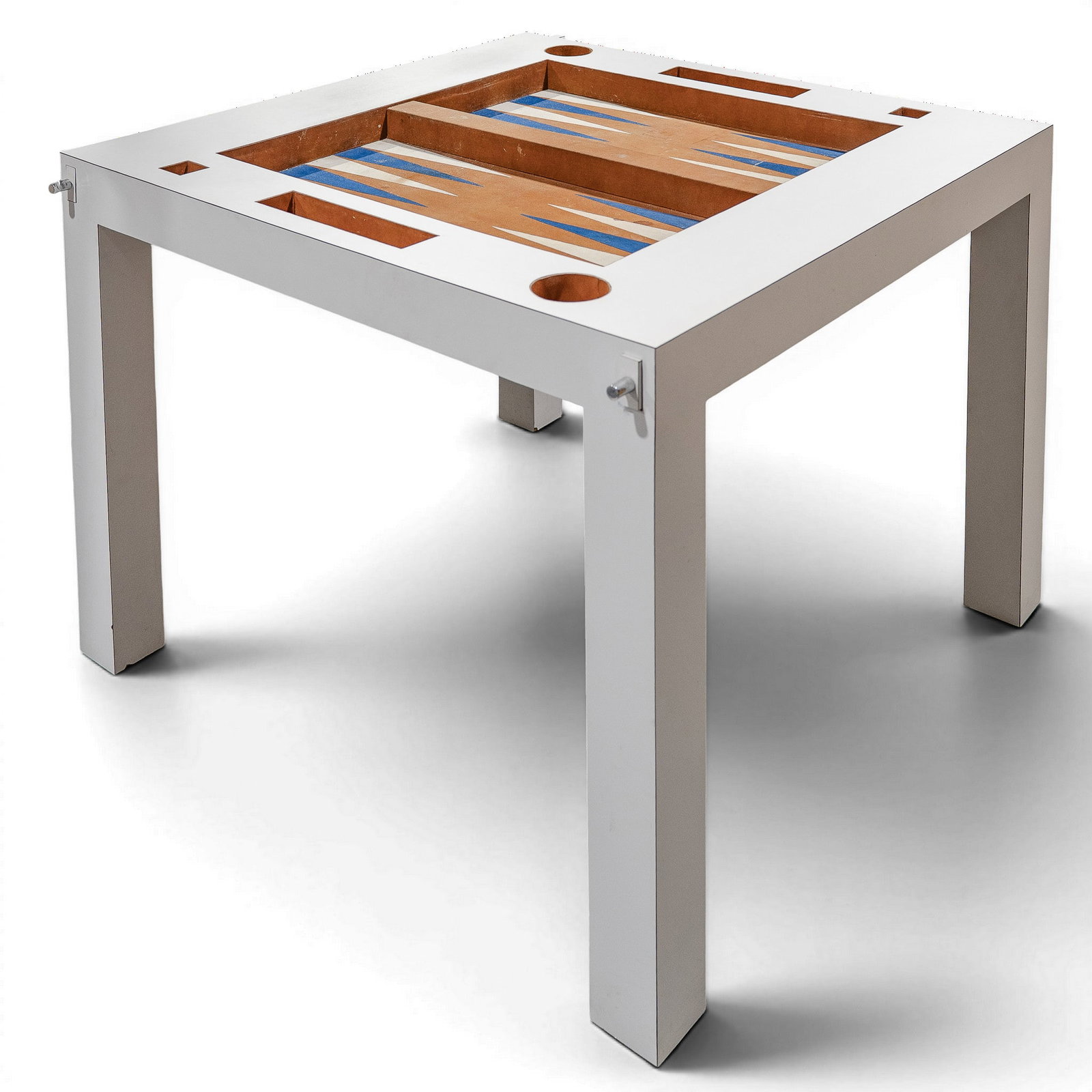 Mid-Century Backgammon Table: Mid-Century Backgammon Table 21st century Backgammon square game table featuring a clean, four-legged silhouette finished in a smooth, high-gloss white lacquer frame. The tabletop functions as a speci