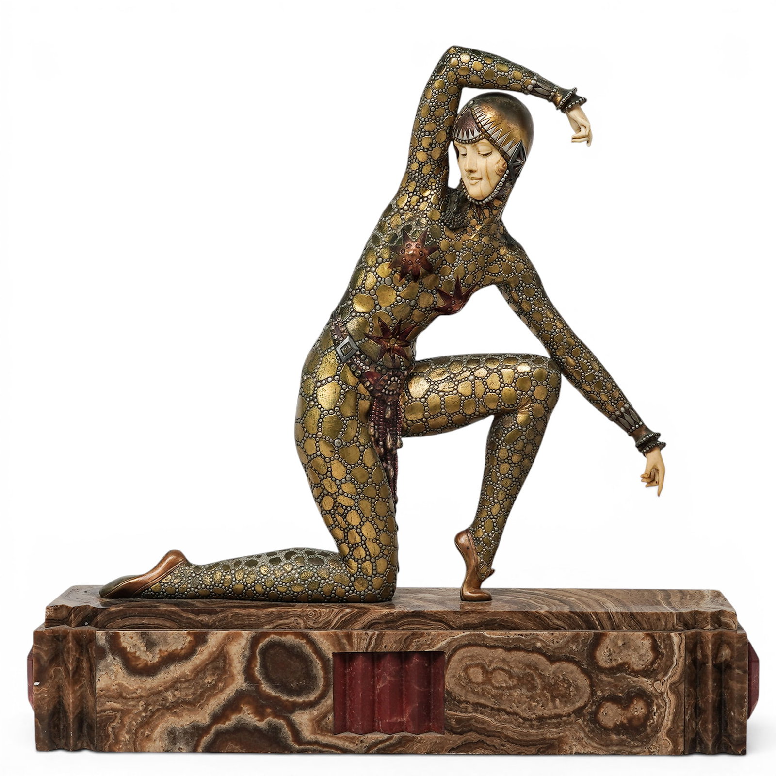 Demétre H. Chiparus (Romanian, 1886-1947) 'Fan Dancer' Sculpture: Demétre H. Chiparus (Romanian, 1886-1947) 'Fan Dancer' Sculpture Early 20th Century, France Marble and cold-painted gilt bronze sculpture by the legendary Romanian Impressionist & Modern sculptor,