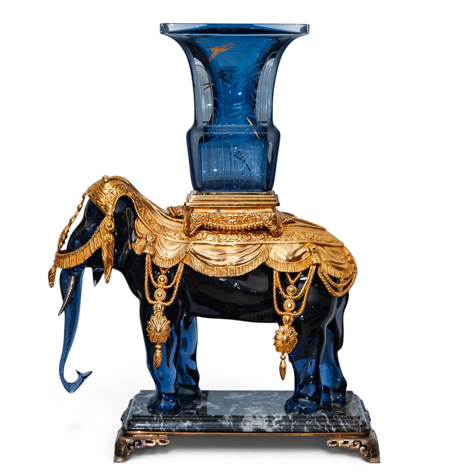 Baccarat Crystal & Gilt Bronze Elephant: Baccarat Crystal & Gilt Bronze Elephant 2013. France An Exceptional Baccarat elephant vase comprised of etched crystal and gilt bronze drapery, affixed to a marble stone and bronze base. The vase form
