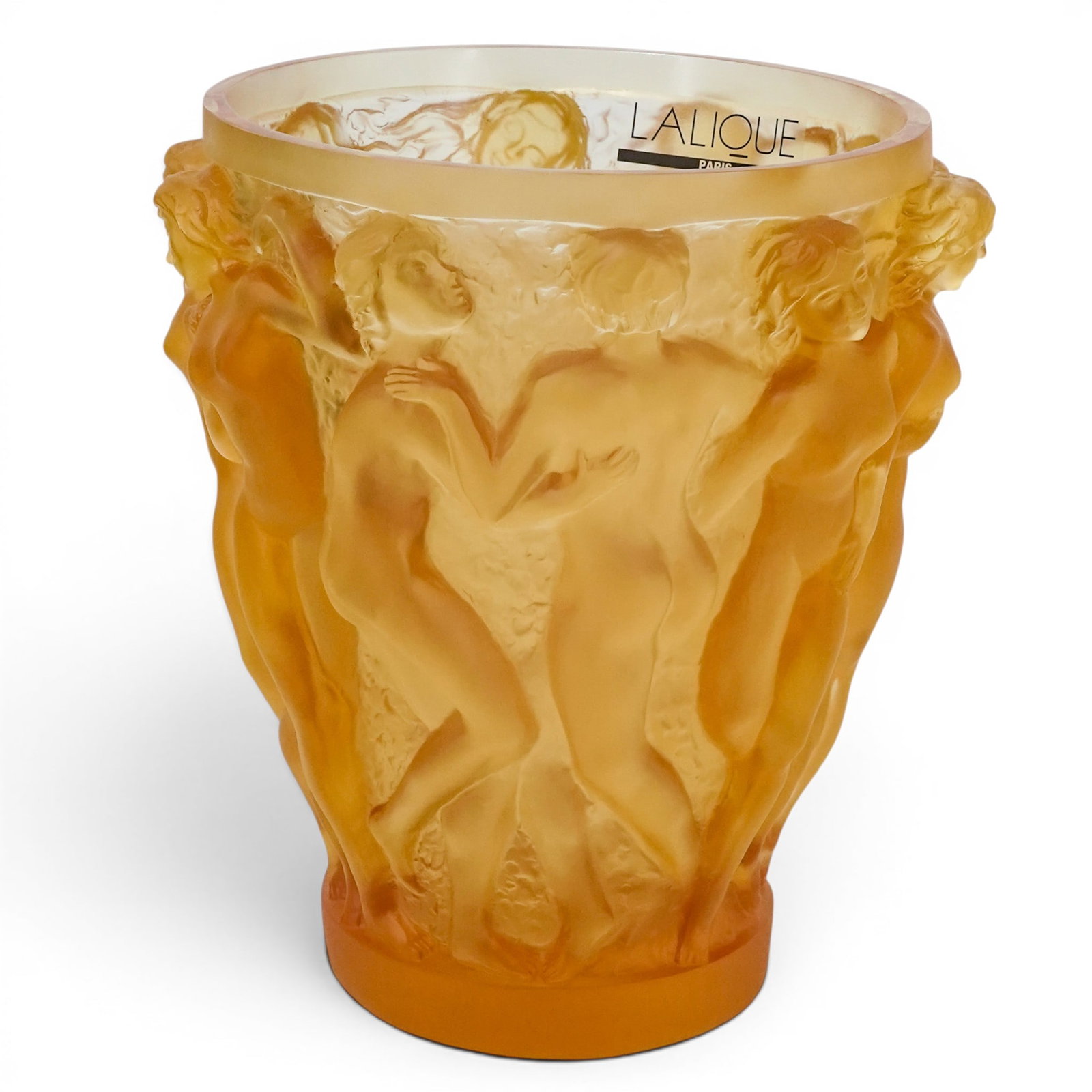 Lalique France Amber "Bacchantes" Crystal Vase: Lalique France Amber "Bacchantes" Crystal Vase Early 20th Century, France Iconic Bacchantes vase by Lalique France, executed in luminous amber satin-finished crystal, the cylindrical vase is molded in