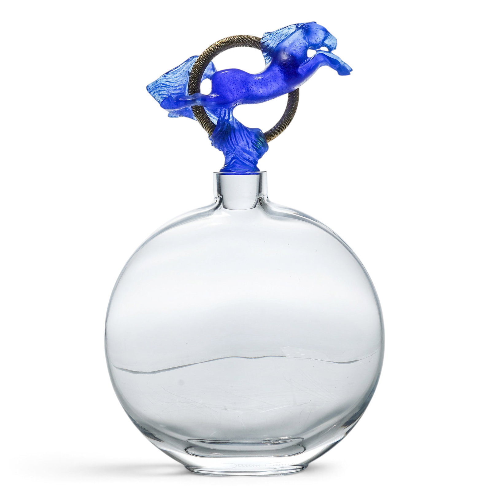 Daum France "Jumping Horse" Crystal Decanter: Daum France "Jumping Horse" Crystal Decanter Late 20th Century, France A Daum France crystal decanter of rounded, moon-shaped form, surmounted by a sculptural cobalt blue pâte de verre stopper