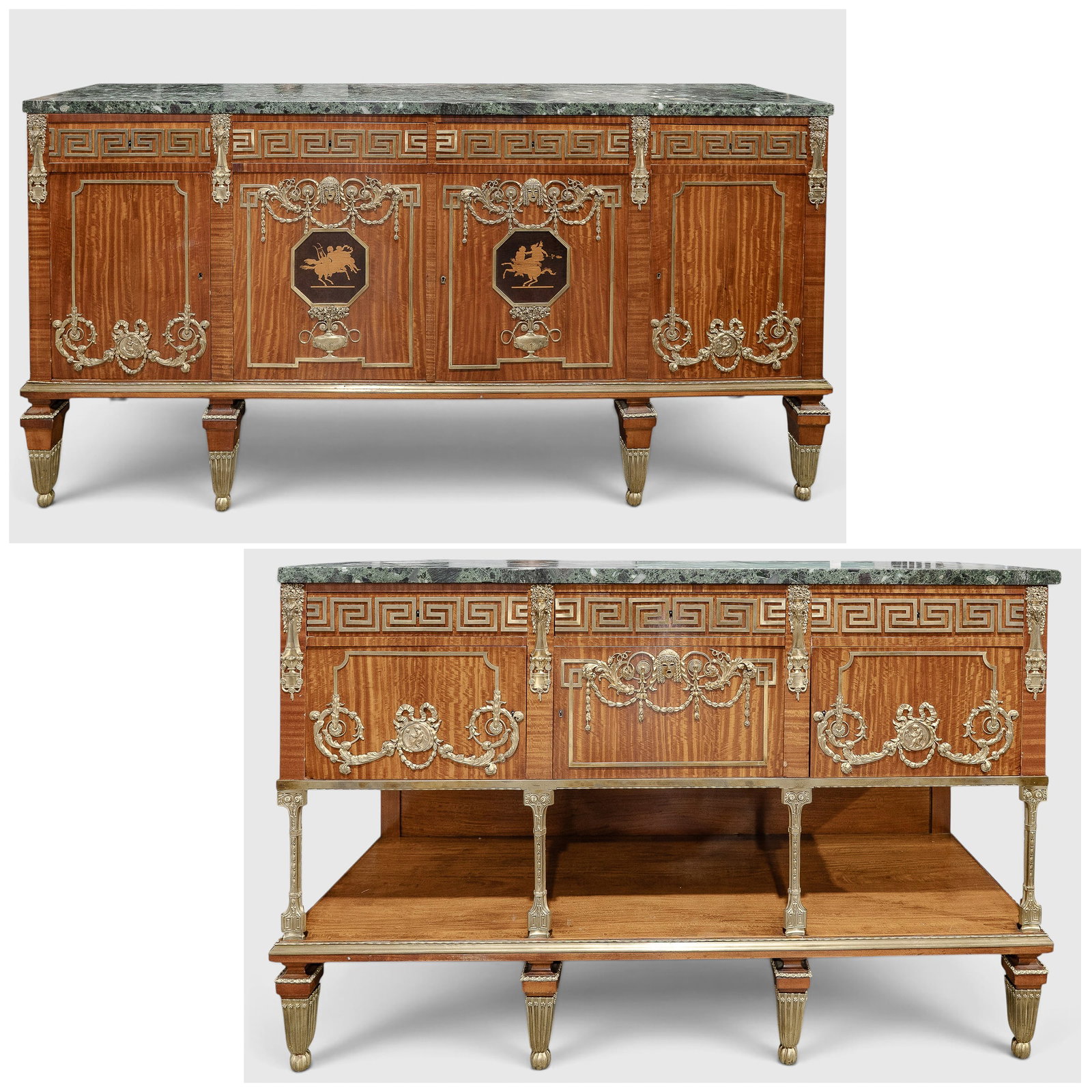(2 pcs) French Ormolu Mahogany & Amboyna Commode Set: (2 pcs) French Ormolu Mahogany & Amboyna Commode Set Late 19th-early 20th century, French (1) Antique French Louis XVI style mahogany and ormolu-mounted dressoir (or buffet à deux corps base) with a