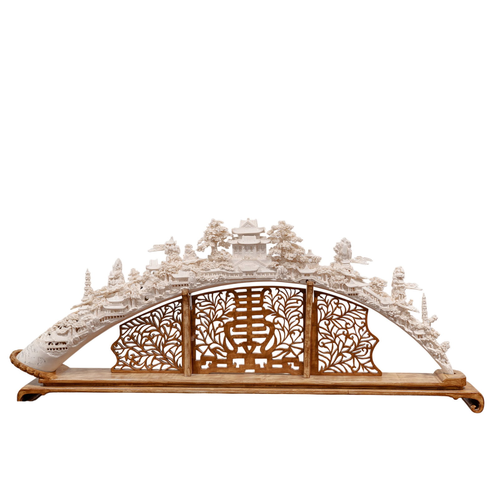 Antique Chinese Landscape Carving: Antique Chinese Landscape Carving Early 20th Century, China Finely carved Chinese landscape sculpture executed in bone, depicting a mountainous village scene populated with traditional pavilions, temp