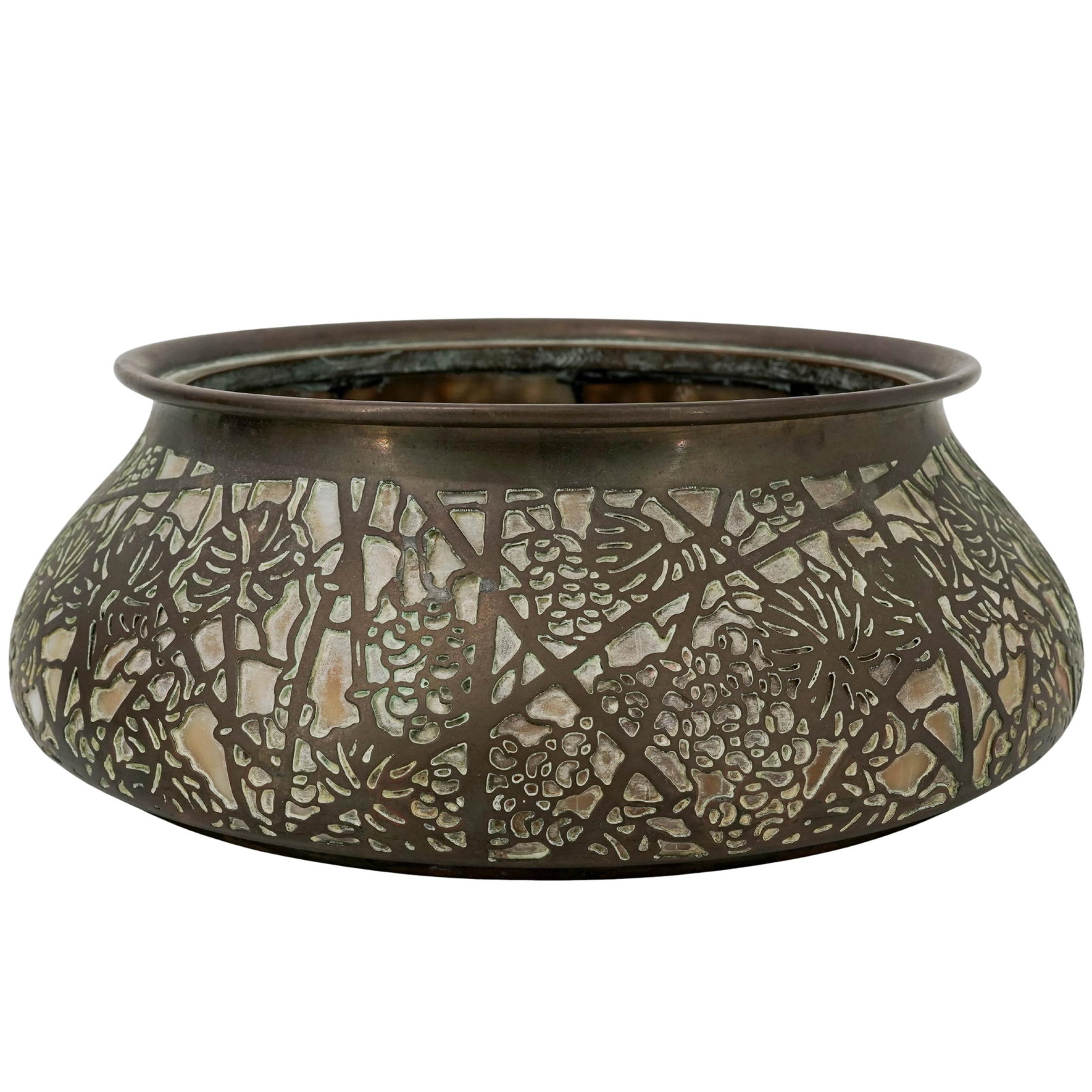 Tiffany Studios Bronze Overlay & Favrile Glass "Grapevine" Jardiniere: Tiffany Studios Bronze Overlay & Favrile Glass "Grapevine" Jardiniere c. 1900s, USA The large piece features an intricate, openwork etched bronze overlay wrapped around a lining of Favrile glass. Mark