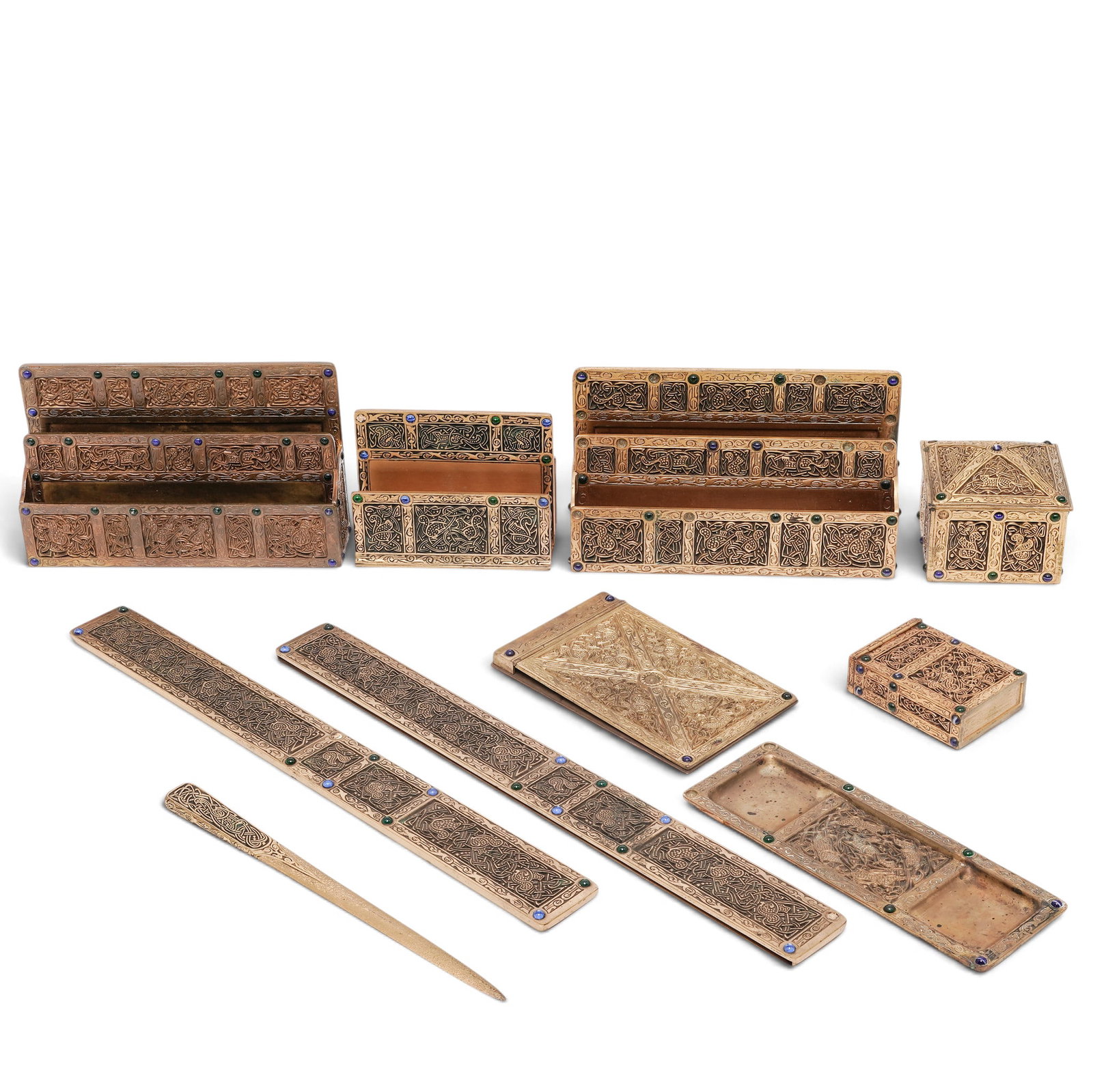 (10 pc) Tiffany Studios "Ninth Century" Bronze Dore Desk Set: (10 pc) Tiffany Studios "Ninth Century" Bronze Dore Desk Set Early 20th Century, USA Exceptional ten-piece Tiffany Studios New York bronze dore desk set in the highly desirable Ninth Century pattern. 