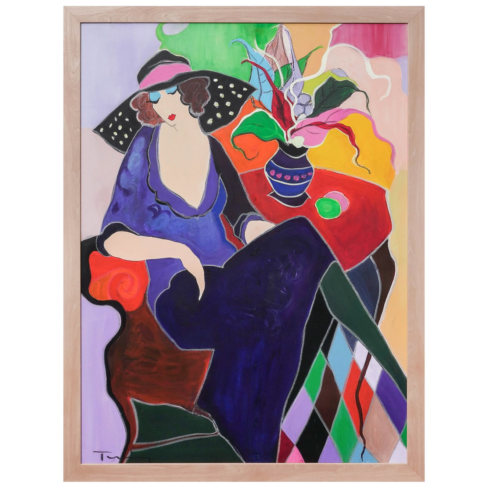 Itzchak Tarkay (Israeli, 1935-2012) "Portrait of a Woman" Oil on Canvas: Itzchak Tarkay (Israeli, 1935-2012) "Portrait of a Woman" Oil on Canvas Late 20th Century, USA Original oil on canvas by Itzchak Tarkay depicting an elegantly dressed seated woman rendered in the bold