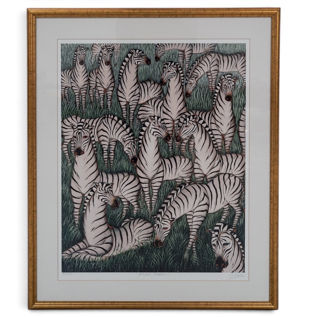Gustavo Novoa "Striped Convention": Gustavo Novoa "Striped Convention" A Gustavo Novoa lithograph displays a series of zebras in a grass plain setting. Pencil signed along the bottom by the artist, additionally titled and edition of 220