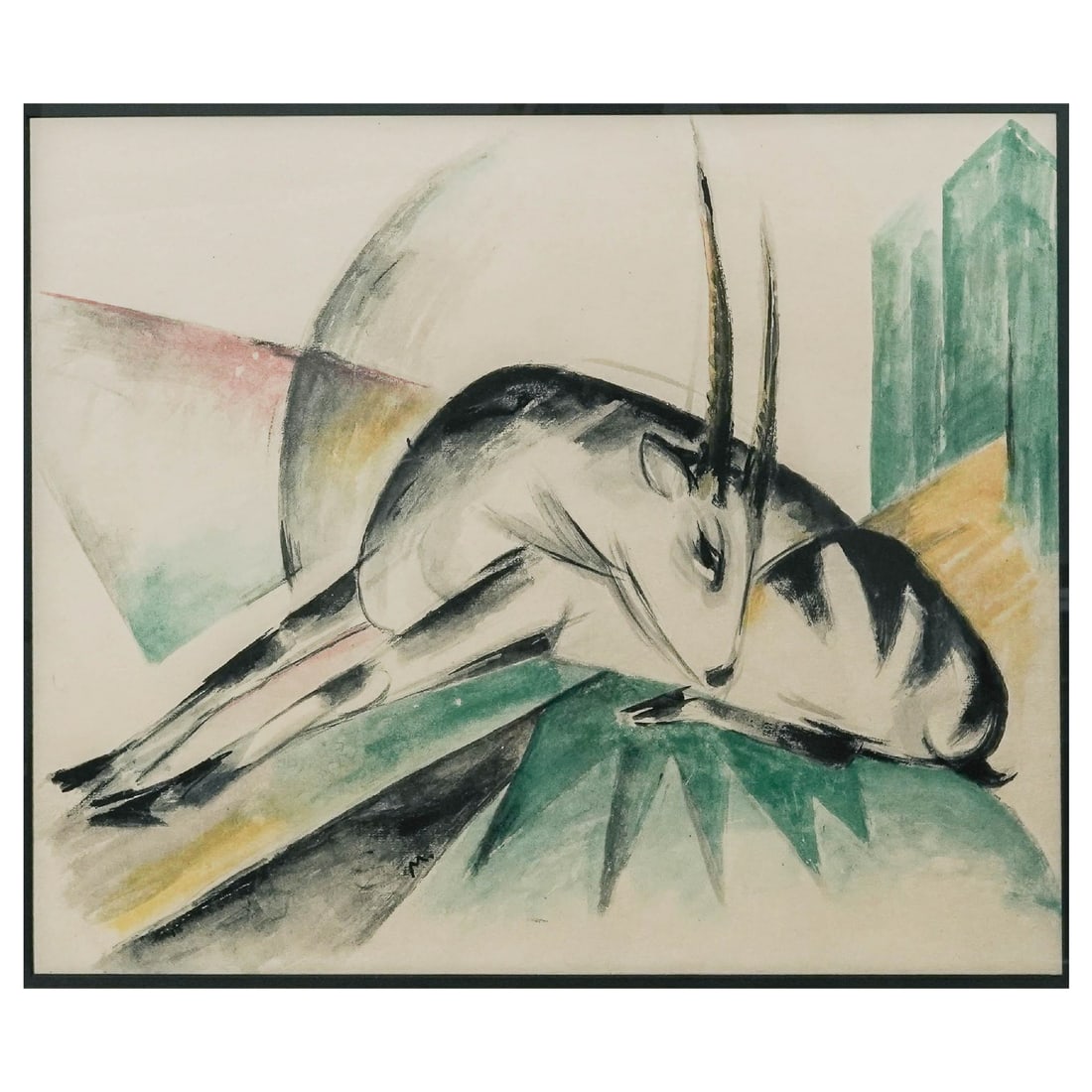 Franz Marc "The Gazelle" Lithograph: Franz Marc "The Gazelle" Lithograph 20th century, German A cubist-style, abstract depiction of a stylized gazelle resting on sharp geometric planes, signed with Marc's iconic "M" monogram in the lower