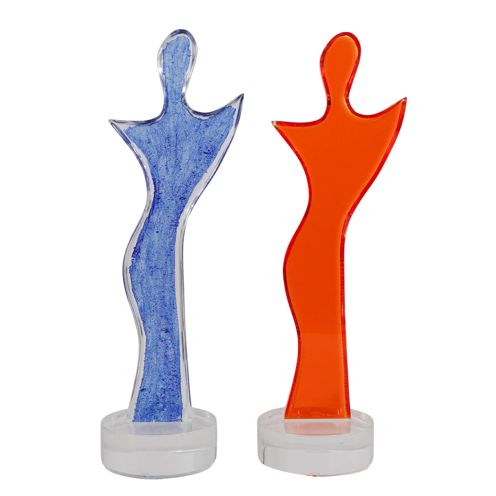 Alfred Gockel Abstract Silhouette Lucite Sculptures: Alfred Gockel Abstract Silhouette Lucite Sculptures Late 20th - Early 21st, Europe/USA Pair of abstract Lucite sculptures by Alfred Gockel depicting female silhouettes, one in orange and one in blue. 