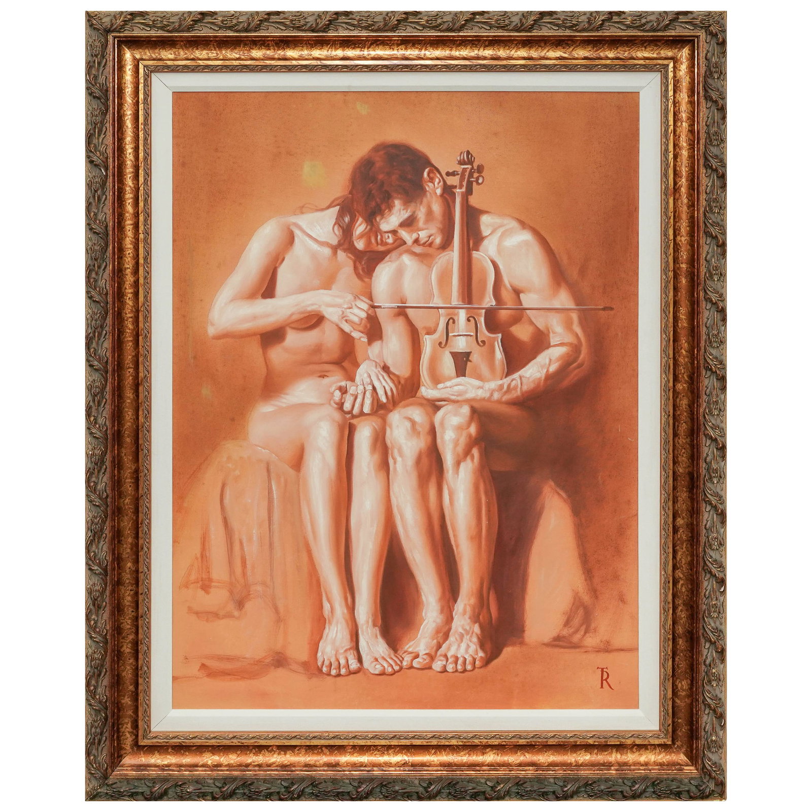 Tomasz Rut "Harmonia Study" Painting: Tomasz Rut "Harmonia Study" Painting 21st Cent, USA This romantic figurative composition depicts a nude couple in an intimate embrace, with the man holding a violin as the woman rests her head on his 