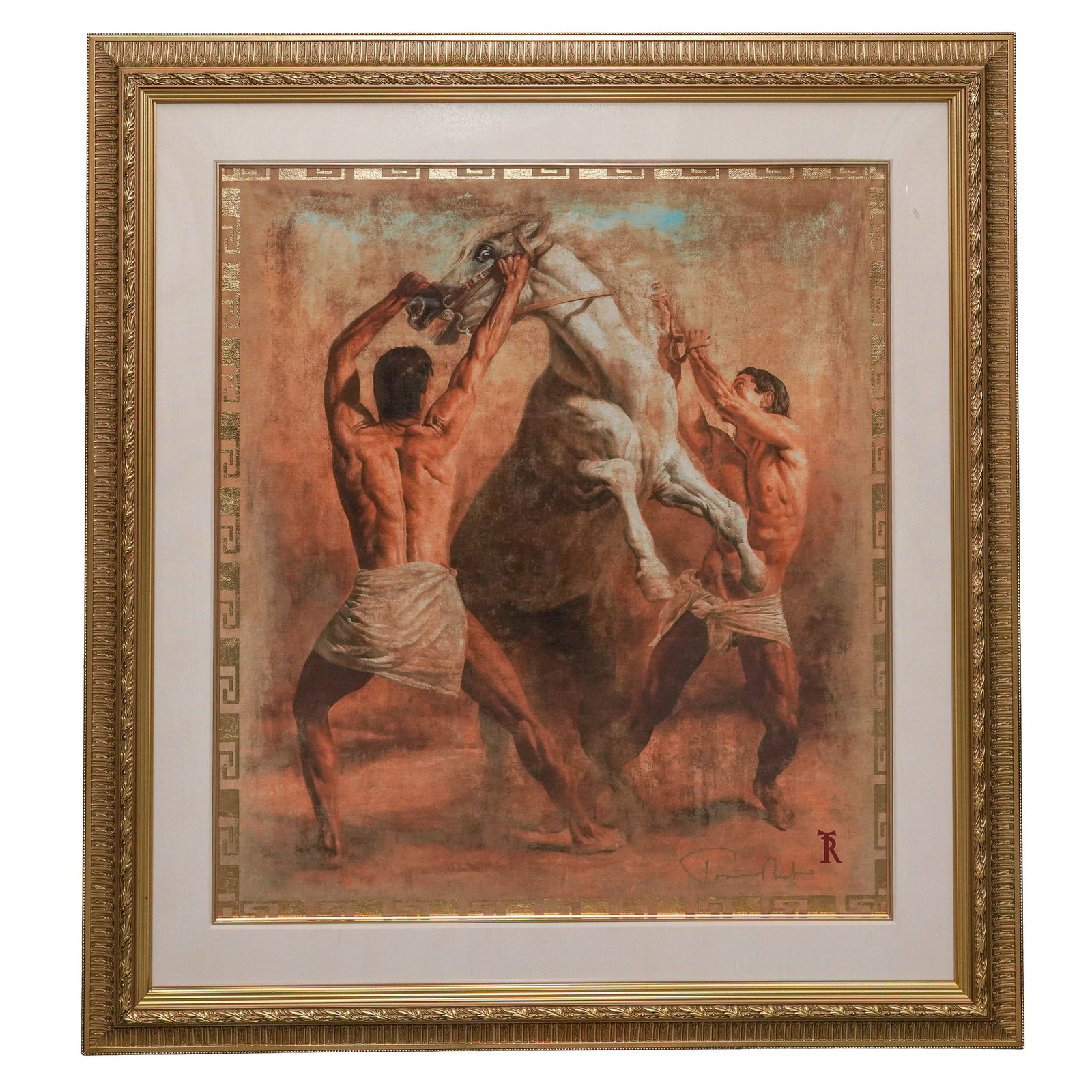 Tomasz Rutz "Perfuro" Lithograph: Tomasz Rutz "Perfuro" Lithograph 21st Cent, Europe Lithograph after Tomasz Rutz depicting a dynamic figurative scene of two men interacting with a prancing horse, rendered in expressive linework and c