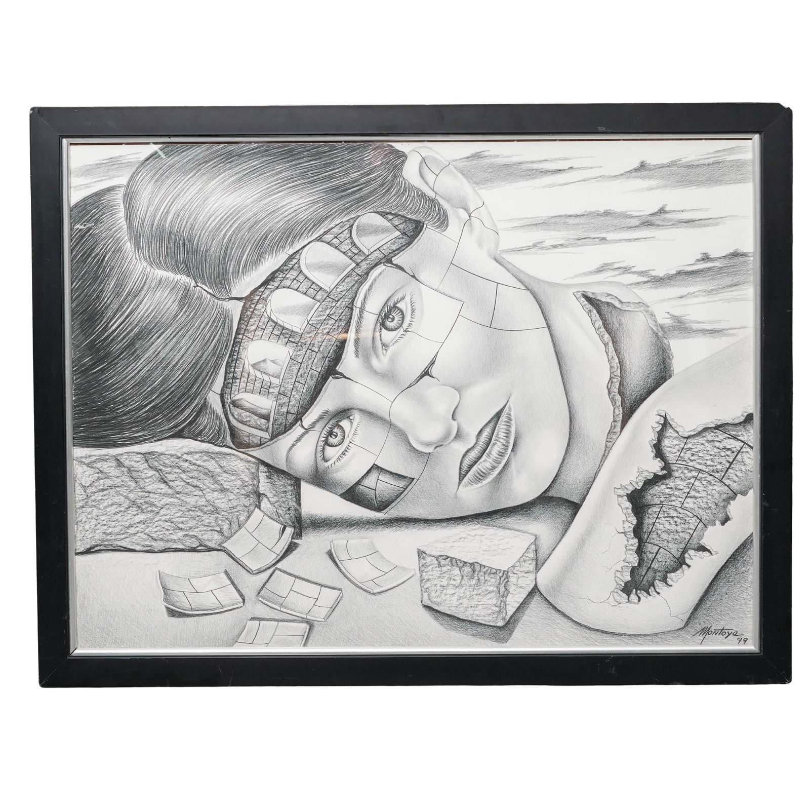 Fernando Montoya Durango (Colombian, 1948-) "B&W Cinco" Drawing: Fernando Montoya Durango (Colombian, 1948-) "B&W Cinco" Drawing 1999, Colombia Original graphite drawing by Fernando Montoya Durango, titled "B&W Cinco." The surreal composition depicts a fragmented f