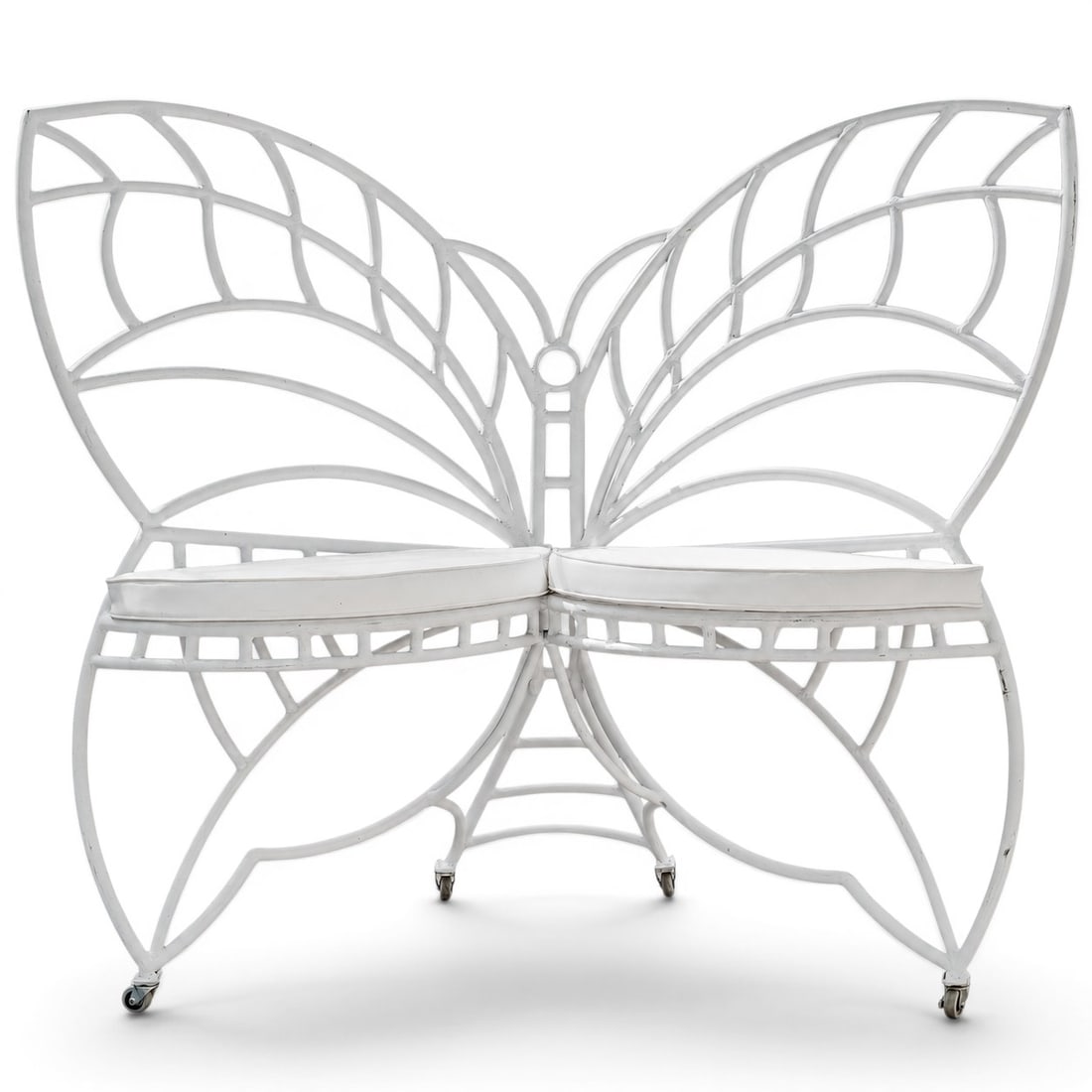 Contemporary Patinated Butterfly Bench: Contemporary Patinated Butterfly Bench 20th century Butterfly bench, painted white metal frame. White faux-leather upholstered seat. H 62" x L 61"- 62" x Depth 26" x Seat H 30" x Seat depth approx..