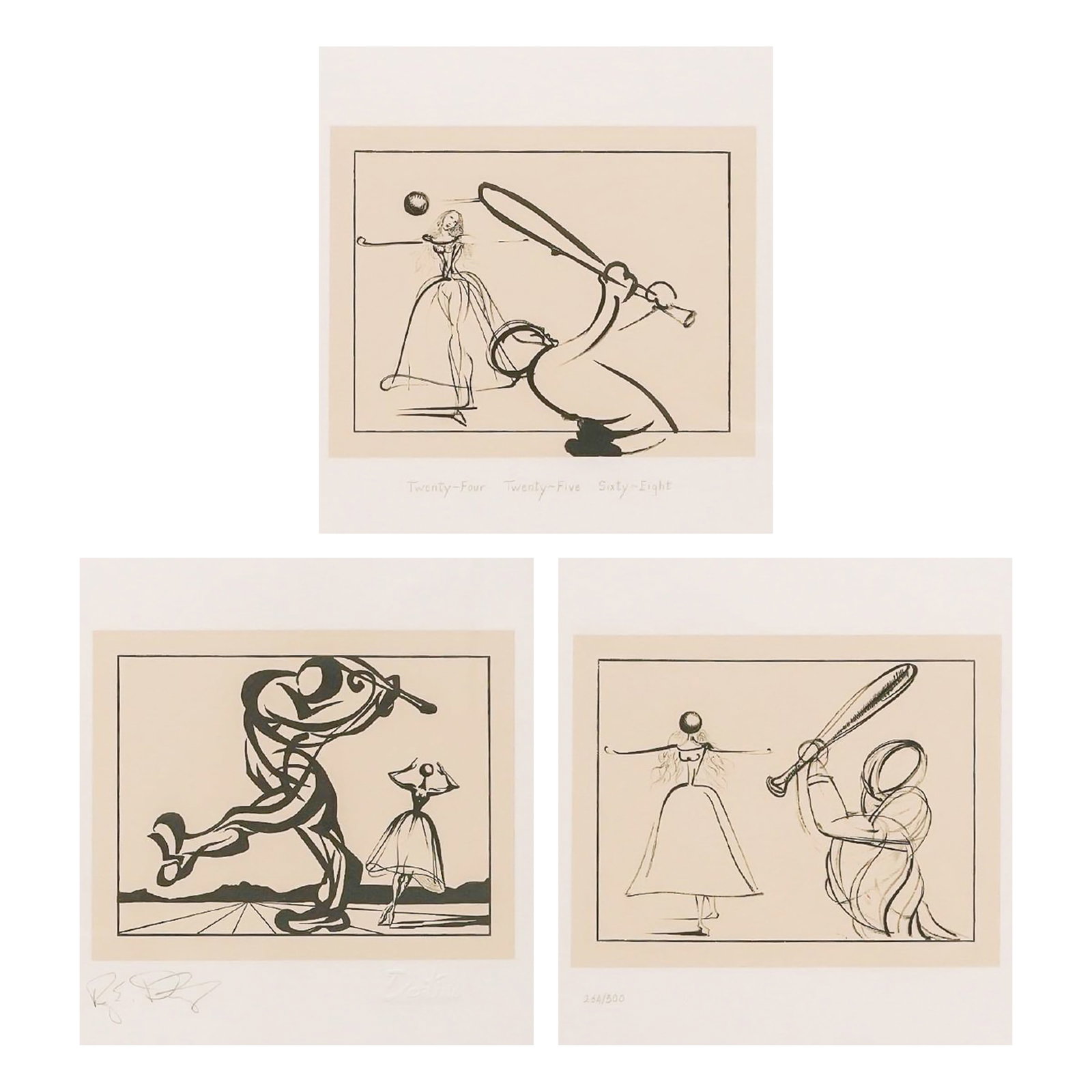 Salvador Dali "Destino #24, #25, #68" Serigraph: Salvador Dali "Destino #24, #25, #68" Serigraph 21st Cent, USA Three black and white serigraphs after Salvador Dalí from the Destino series, each depicting a surreal narrative scene of a woman in a